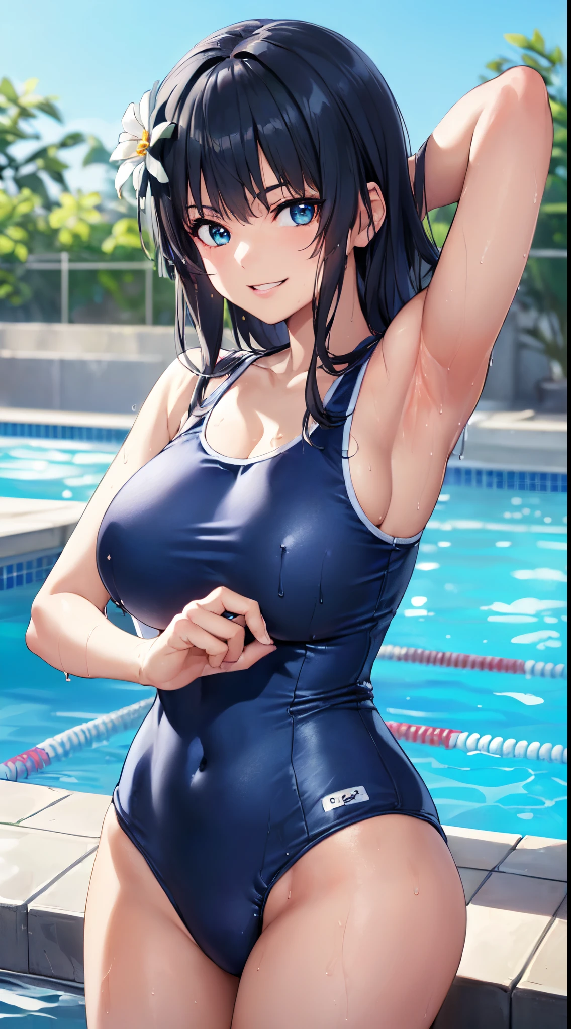 (Perfect hands, Perfect Anatomy:1.4), Satin Ruiko, solo,(Navy blue school swimsuit:1.5),(neat figure,A slender:1.4),(Her hairstyle is a princess cut.:1.5),(Black hair:1.4), Blue eyes, (A dark-haired:1.4),(short hair flap:1.5),(A dark-haired:1.4),Long hair,(Long straight hair:1.4), Hair Ornament, (1 white flower decoration:1.4),(Tsurime:1.4),(parted_Lips:1.4),(hime-cut:1.4),(Large breasts:1.4),(Hands behind the head:1.4), (Evil smile:1.4),Hands behind the body,Hands behind the head,20yr old,(小柄:1.3),(Wet:1.2), (Looking at Viewer:1.3),(View from below:1.1), (swimming pools,in poolside:1.4),(Bright sunshine,夏天:1.4)、 BREAK (hime-cut:1.4),(​masterpiece:1.5),(very precise details,Ultra High Resolution:1.4),the Extremely Detailed CG Unity 8K Wallpapers,(Realistic,Photorealsitic,hyper realisitic:1.5),(Curve,Model,glamor:1.5),Beautiful breasts,Farbe_aberration,beautiful detailed shadow,Beautiful eyes,Beautiful body,Beautiful skin,beautifull hands,(Aesthetic Anime Eyes:1.4),(Illustration:0.8), (Beautiful detailed eyes:1.4), extra detailed face, Perfect Lighting, extremely details CG, (Perfect hands, Perfect Anatomy:1.4),