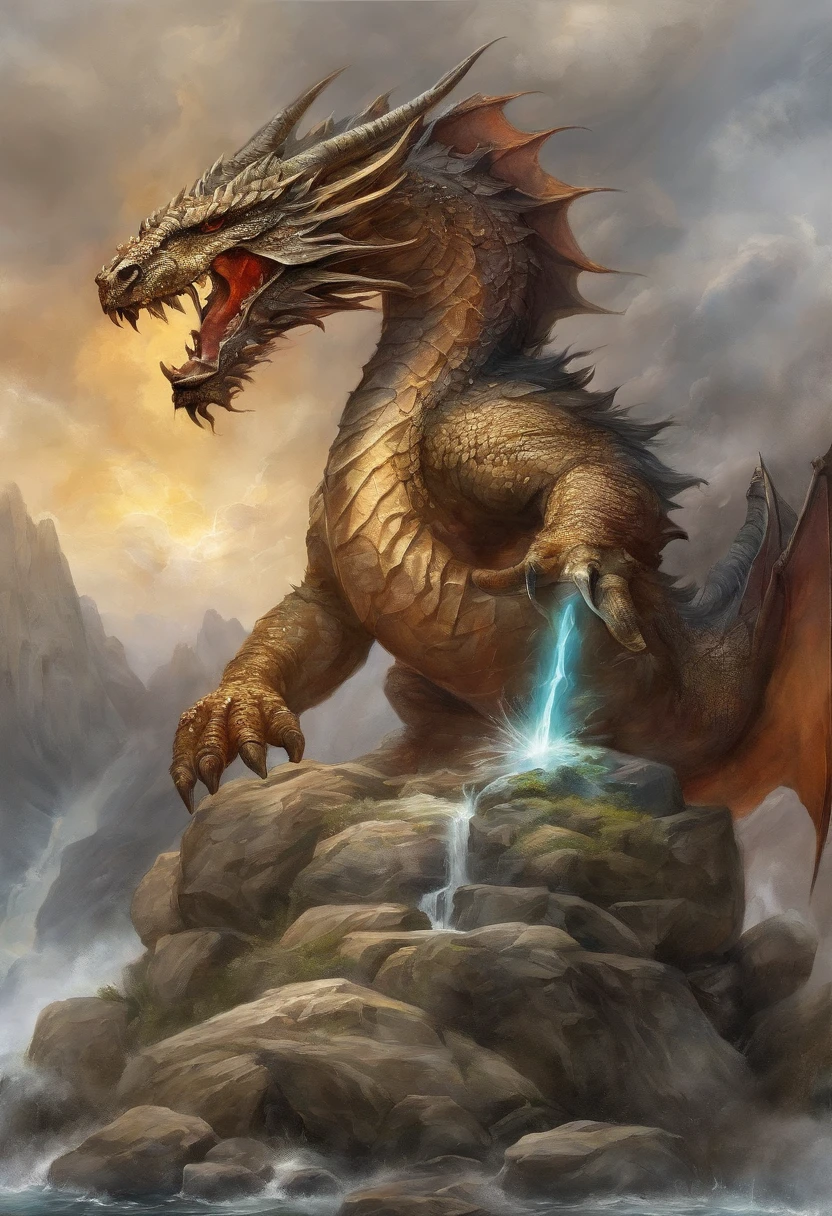 (Masterpiece, High Quality, HD, Detail: 1.3)A divine sword was inserted in the stone, engraved with ancient runes, emitting light and lightning, and the sword was wrapped around the dragon's body, with the shadow of a dragon. It was surrounded by mountains, thunder and lightning, black clouds, and a ray of light.