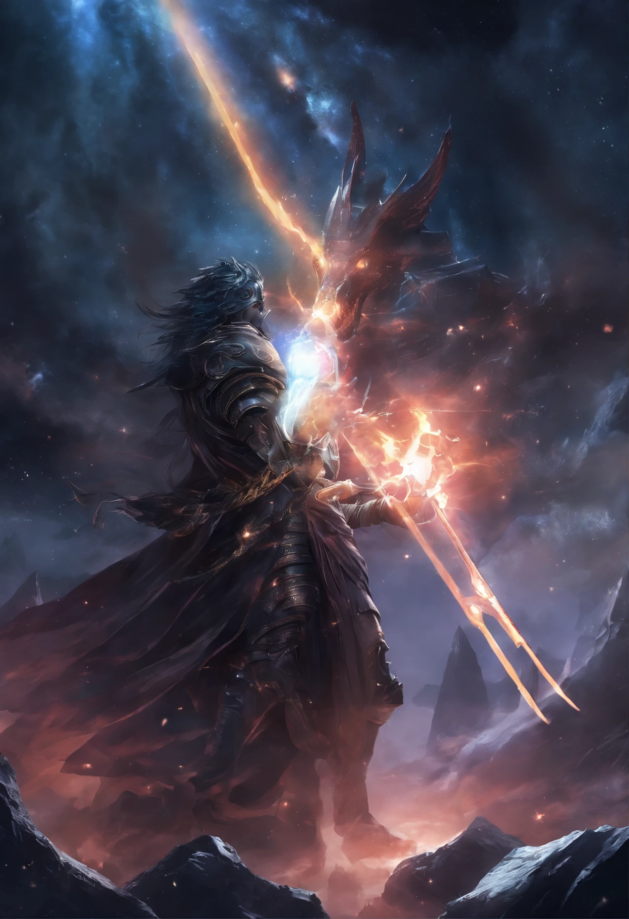 (Masterpiece, High Quality, HD, Detail: 1.3)A divine sword was inserted in the stone, engraved with ancient runes, emitting light and lightning, and the sword was wrapped around the dragon's body, with the shadow of a dragon. It was surrounded by mountains, thunder and lightning, black clouds, and a ray of light.