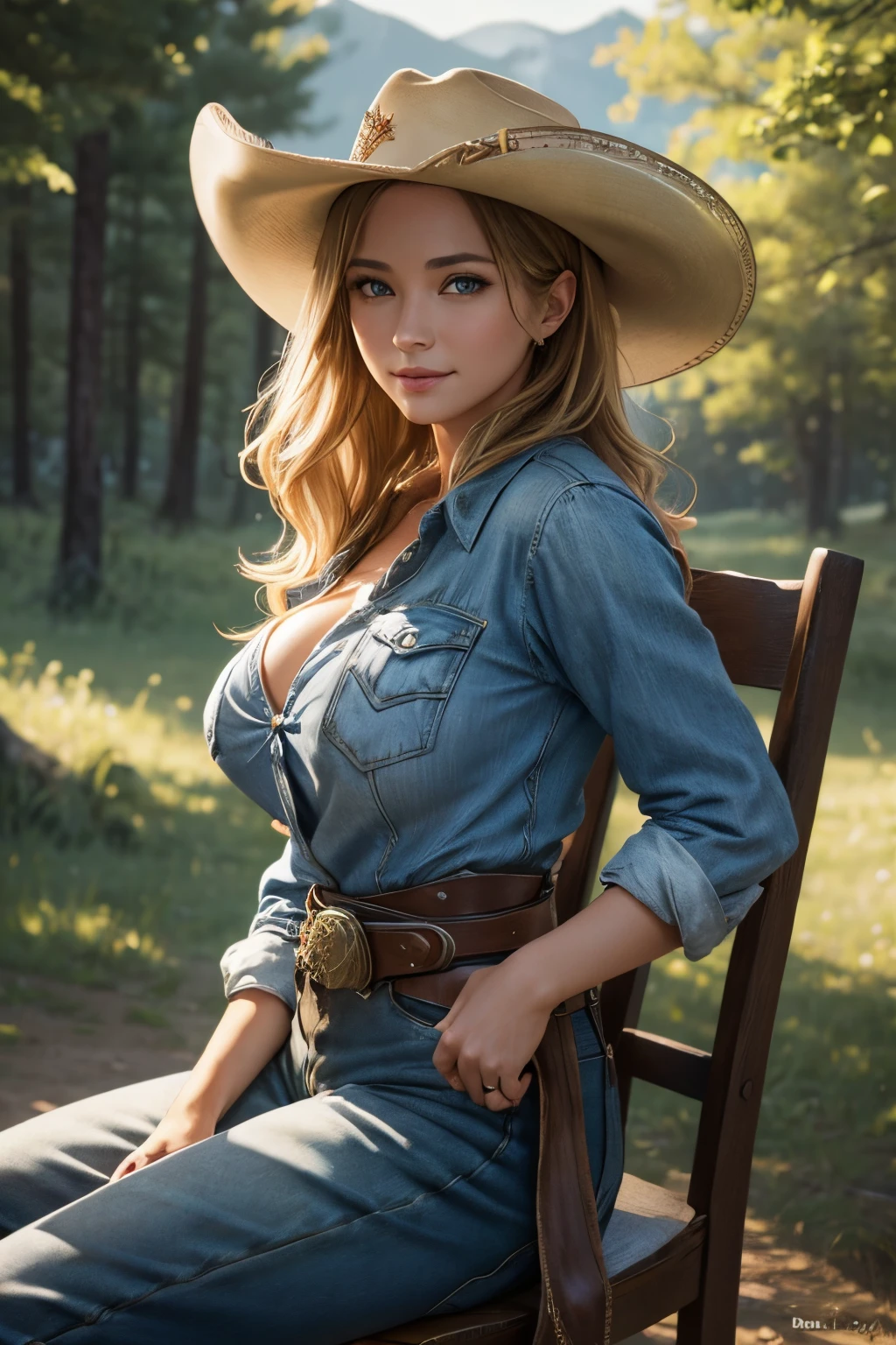(Beauty feces(Female Cowgirl:1)portraitures:1.5)Wind-swept wilderness landscape(((masterpiece)))、((top-quality))、A MILF、blue eyess、Western Costumes、Brown pants、8K、The ultra-detailliert、realisitic、landscapes、concept-art、exceptionally detailed RAW color photo、Side angle、(lensflare:0.7)、particle effect、Ray latching、Cinema Trick Writing、Shallow depth of field、Shot with Sony Alpha 1、50mm wide angle lens、Foconitide、Cinematic Film Still、 dynamicposes、、(realisitic:1.3)、a blond、Woman Western、Gun belt.large full breasts、gazing at viewer、超A high resolution、a smile、Brown Western Hat,Western Best.Emphasizes cleavage,Sit in a wood chair,