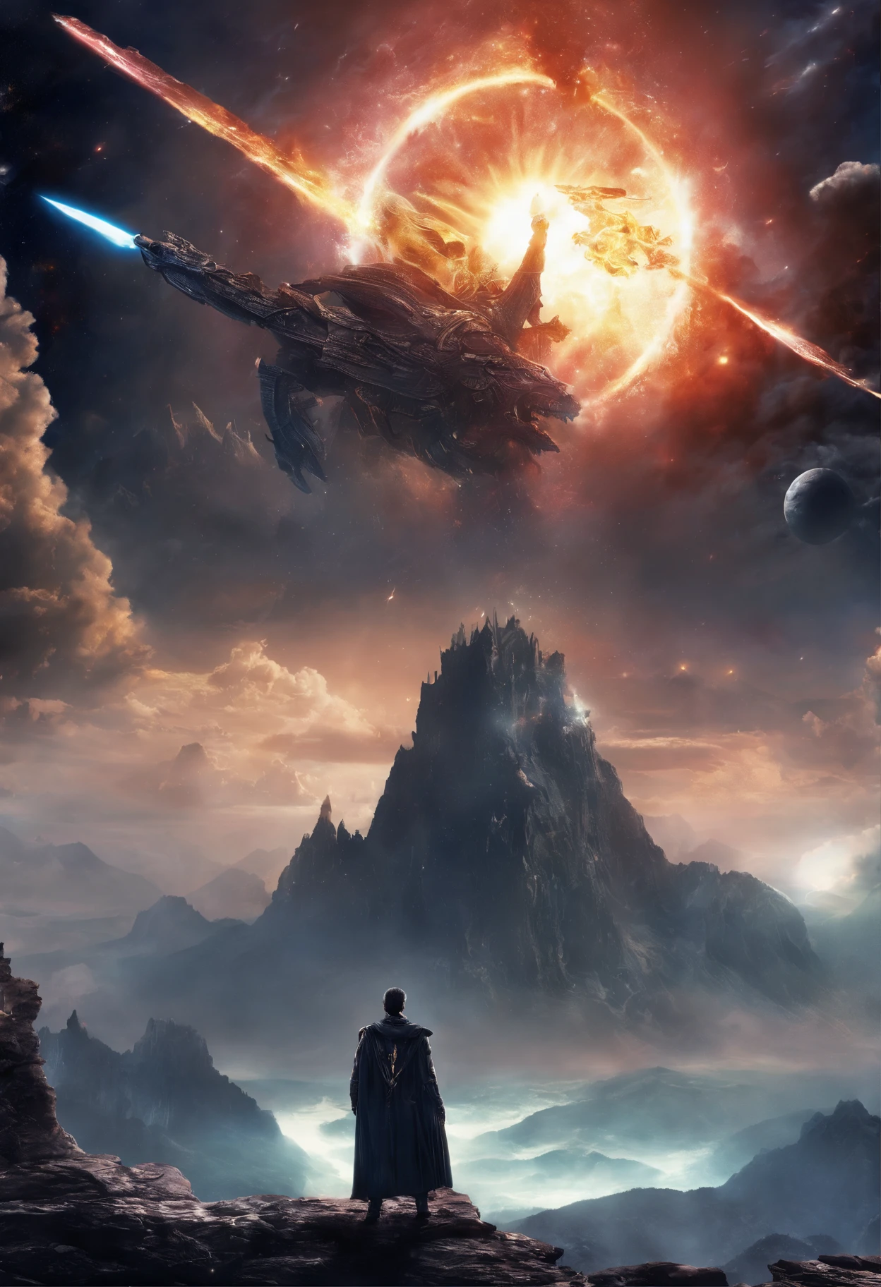 (Masterpiece, High Quality, HD, Detail: 1.3)A divine sword was inserted in the stone, engraved with ancient runes, emitting light and lightning, and the sword was wrapped around the dragon's body, with the shadow of a dragon. It was surrounded by mountains, thunder and lightning, black clouds, and a ray of light.