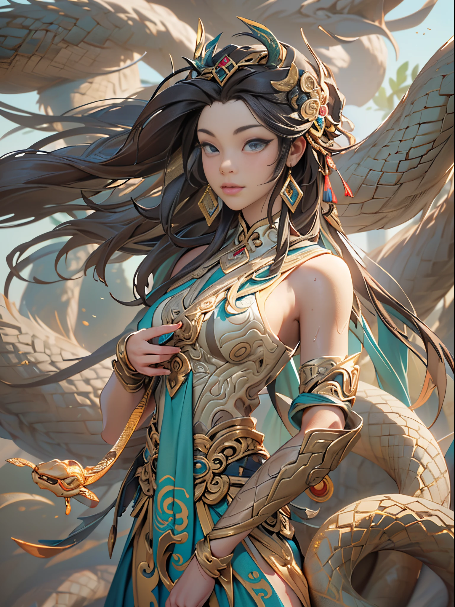 ((Sculpture design)),(人物),(undying),【Create a logo based on:femele(Nu wa),(goddess with human body and snake tail:1.5),(Snake and human union),(Chinese mythology),(The image of the Great Goddess),(Gentle and beautiful),Long brown hair,maternal,(mature,Impeccable,Sexy and enchanting women),graceful stance,(dunhuang),dunhuang_dress,dunhuang_cloths】,System Vision,semi transparent,Computer graphic arts,(( 32K,Highest resolution,Best quality at best,hyper HD,)), (( Professional Quality,Perfect photography, ray traycing)), ((perfect volumetric lighting, hight quality octane render, High quality vectors)), ((Complicated details,Hyper-detailing:1.2)), SAW movie scenes,((Ultra photo realsisim,Realistic,3D,3Drenderingof)),Epic, ((Blind box toy style)), (Intricate details:1.2),((simple backgound,deep dark background:1.2,with black background)),(entire body image:1.4),(From the feet to the top of the head),详细的脸, 詳細な目,Clean skin,Perfect skin,(correct hand:1.5),(Complete and beautiful five fingers:1.5),(anatomically correct limbs:1.5),(Correct anatomy:1.5),(right perspective:1.5),(Add a base:1.5),(complex base:1.5),((base:water and mud)),
