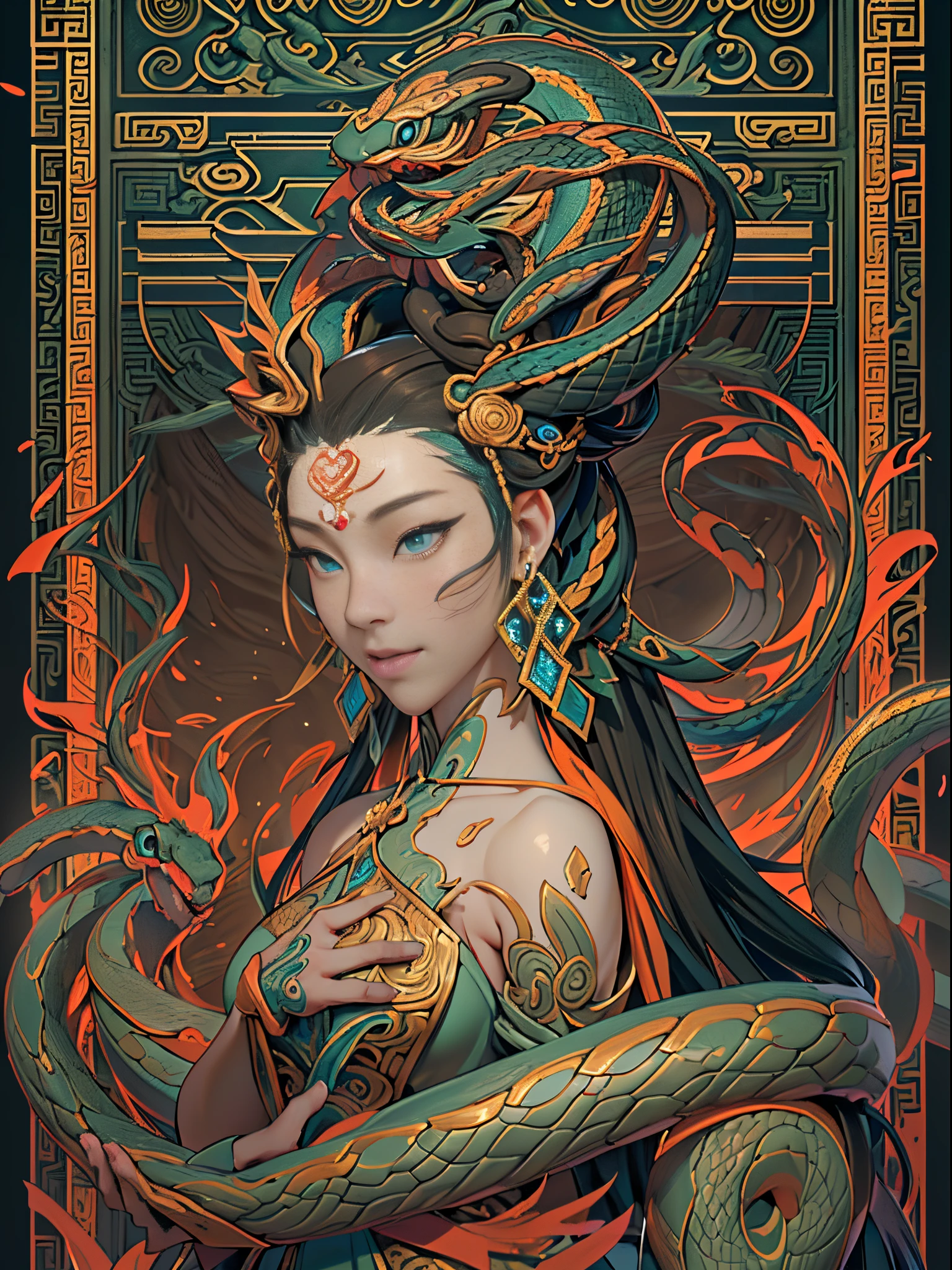 ((Sculpture design))，(人物)，(undying），【Create a logo based on：femele(Nu wa)，(goddess with human body and snake tail：1.5)，(Snake and human union)，(Chinese mythology)，(The image of the Great Goddess)，(Gentle and beautiful)，Long brown hair，maternal，（mature，Impeccable，Sexy and enchanting women），graceful stance，(dunhuang)，dunhuang_dress，dunhuang_cloths】，System Vision，semi transparent，Computer graphic arts，(( 32K，Highest resolution，Best quality at best，hyper HD，))， (( Professional Quality，Perfect photography， ray traycing))， ((perfect volumetric lighting， hight quality octane render， High quality vectors))， ((Complicated details，Hyper-detailing:1.2))， SAW movie scenes，((Ultra photo realsisim，Realistic，3D，3Drenderingof))，Epic, ((Blind box toy style))， (Intricate details:1.2)，((simple backgound，deep dark background:1.2，with black background))，(entire body image:1.4)，（From the feet to the top of the head），详细的脸, 詳細な目，Clean skin，Perfect skin，（correct hand：1.5），（Complete and beautiful five fingers：1.5），（anatomically correct limbs：1.5），（Correct anatomy：1.5），（right perspective：1.5），(Add a base:1.5)，(complex base:1.5)，((base：water and mud))，