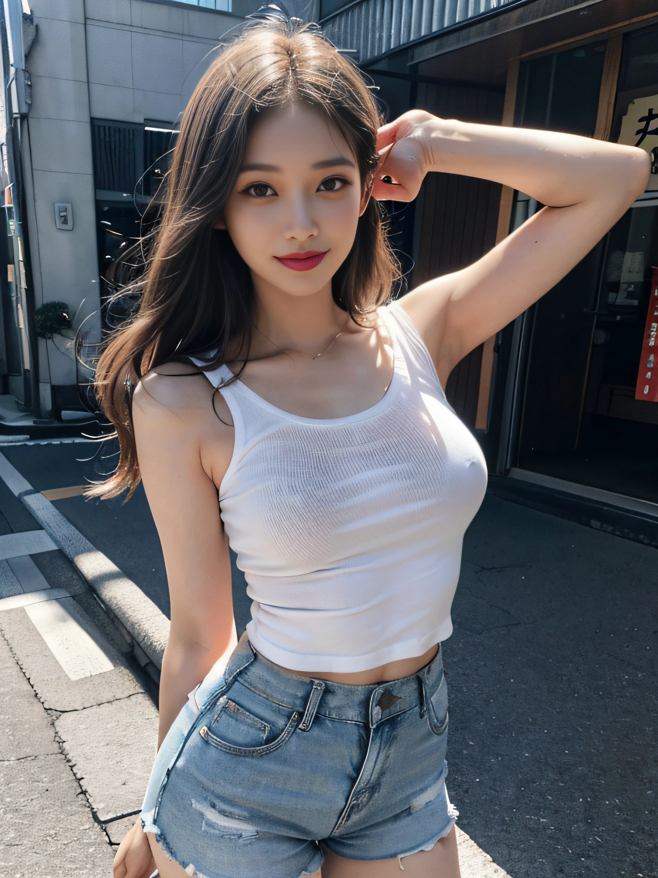 (master piece:1.5),(8K high image quality), (top-quality), (RAW image quality), (Very bright photos), (Photographed by a professional photographer)),largeeyes,long eyelasher,,The Ultimate Face,face realistic light,Clear facial features,milky skin, Realistic skin details,),Best portraits,Close-range shooting, Only one girl, (Adult beauties),Beautiful detailed eyes, beautiful detailed nose ,(Beautiful face with double eyelids), (3/4 Length),(30-years old),(Beautiful Face 1.4),A slender,(Please wear short T-shirts and hot pants:1.2),(In the living room of the house),((Make your audience smile)),Straight long hair,Lame around the eyes,lipsticks,耳环,((The color of the short T-shirt is white.)),Very beautiful legs,(((On the streets of Tokyo,))),((Smile at your audience)),Very simple short T-shirt and hot pants.,Smile without opening your mouth,((Shooting angle from the front)),,Undersized breasts,(Make eye contact with your audience),(stand up),Very beautiful figure,((Assuming Seductive Poses)),(Standing),(No bra,Prominent nipples),Small,(This is an armpit-showing pose,realistic armpit,Show your side)