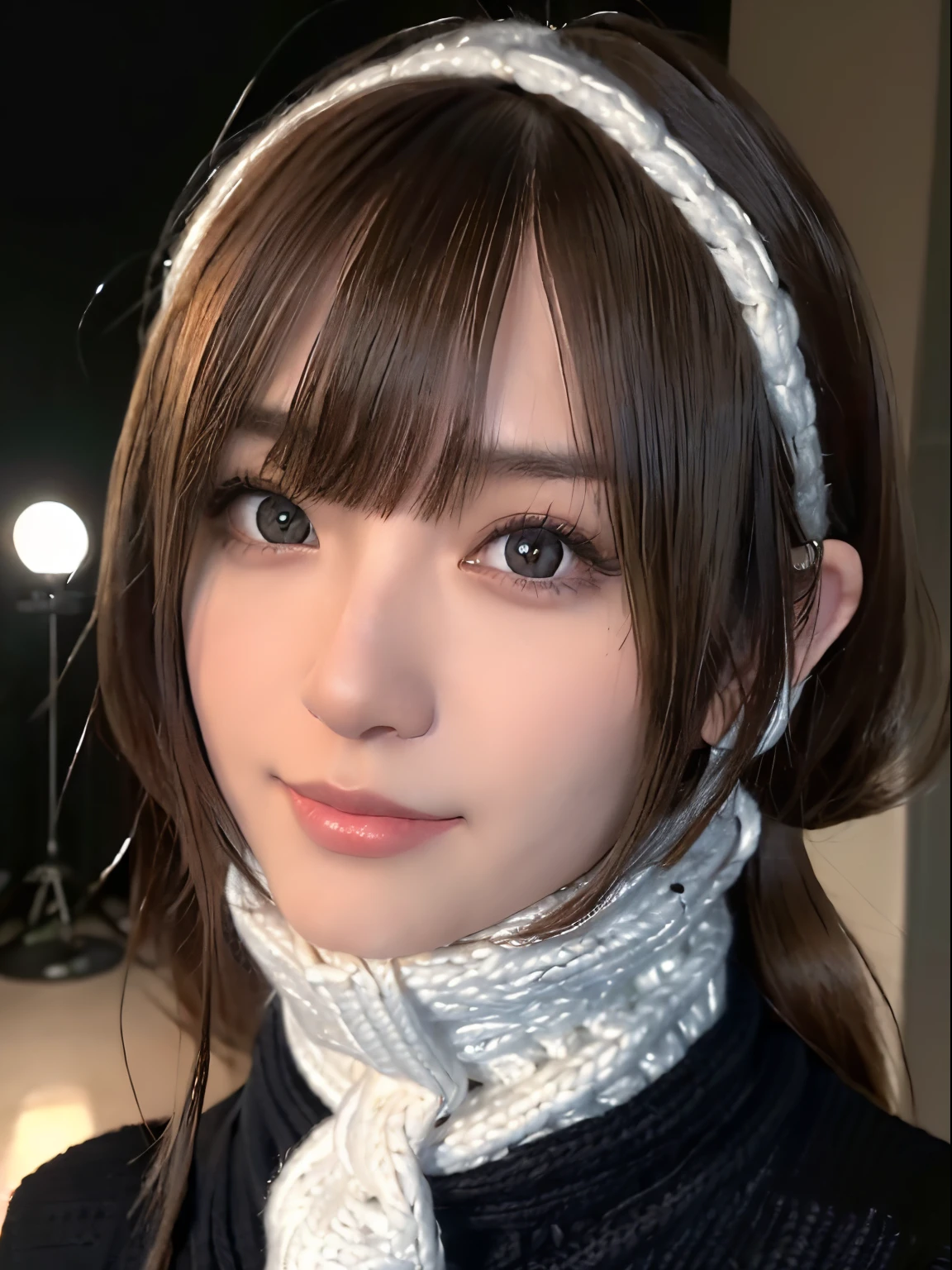 1 japanese girl,(Black sweater:1.4),(She wears a knitted snood around her neck to hide her chin.........:1.5), (Raw photo, Best Quality), (Realistic, Photorealsitic:1.4), masutepiece, extremely delicate and beautiful, Extremely detailed, 8k wallpaper, amazing, finely detail, extremely detailed CG Unity, hight resolution, Soft light, Beautiful detailed 19 year old, extremely detailed eye and face, beautiful detailed nose, Beautiful detailed eyes,Cinematic lighting,city light at night,Perfect Anatomy,Slender body,Smiling (hair messy, asymmetrical bangs, light brown hair,)
