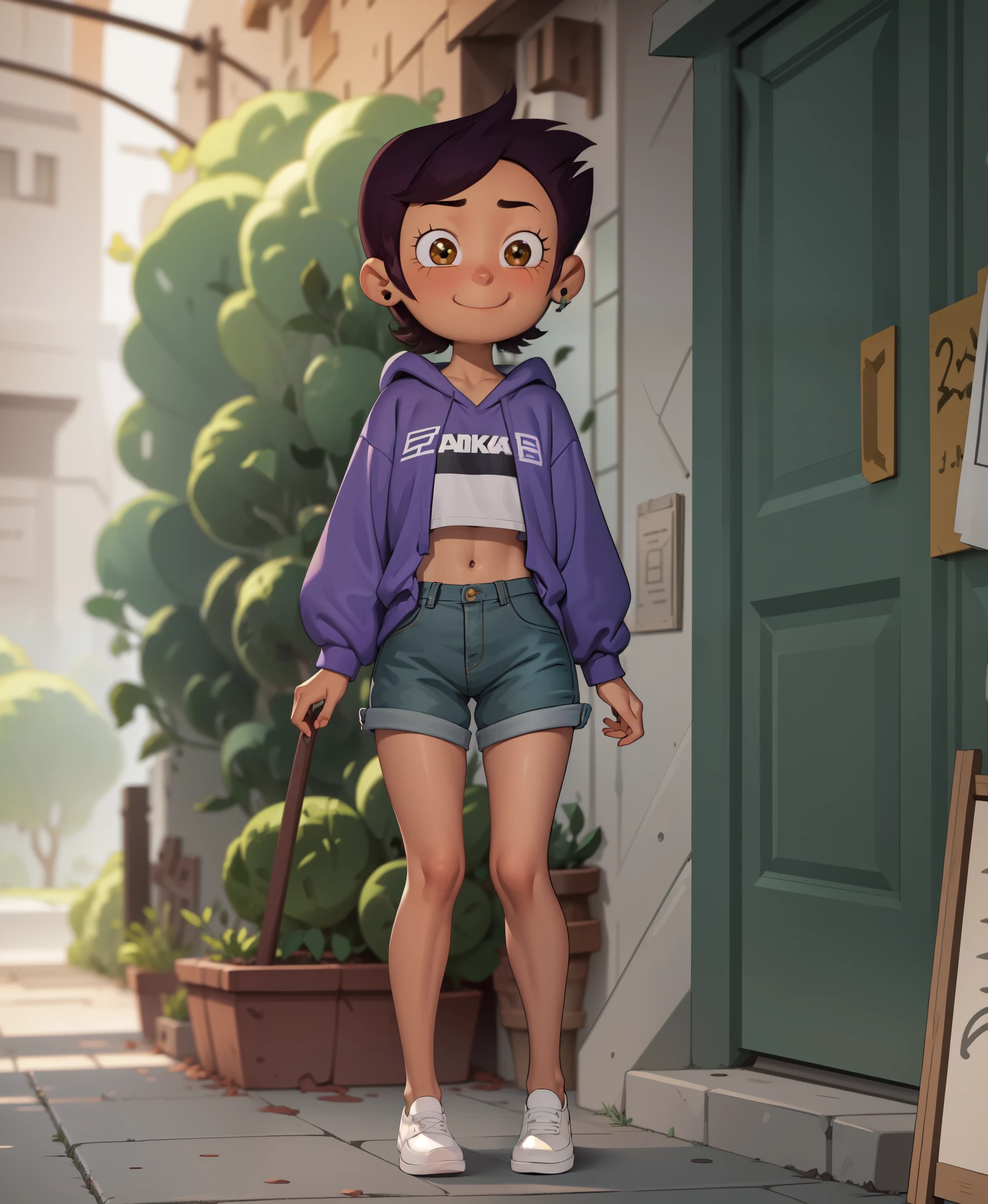 1girl, masterpiece, (detailed background), best quality, absurdres,
looking at viewer, smiling, dakimakura, jean shorts, purple hoody, midriff, white loafers, thighs, tights, eyelashes, eyeliner, nose blush, hands,
luz noceda,