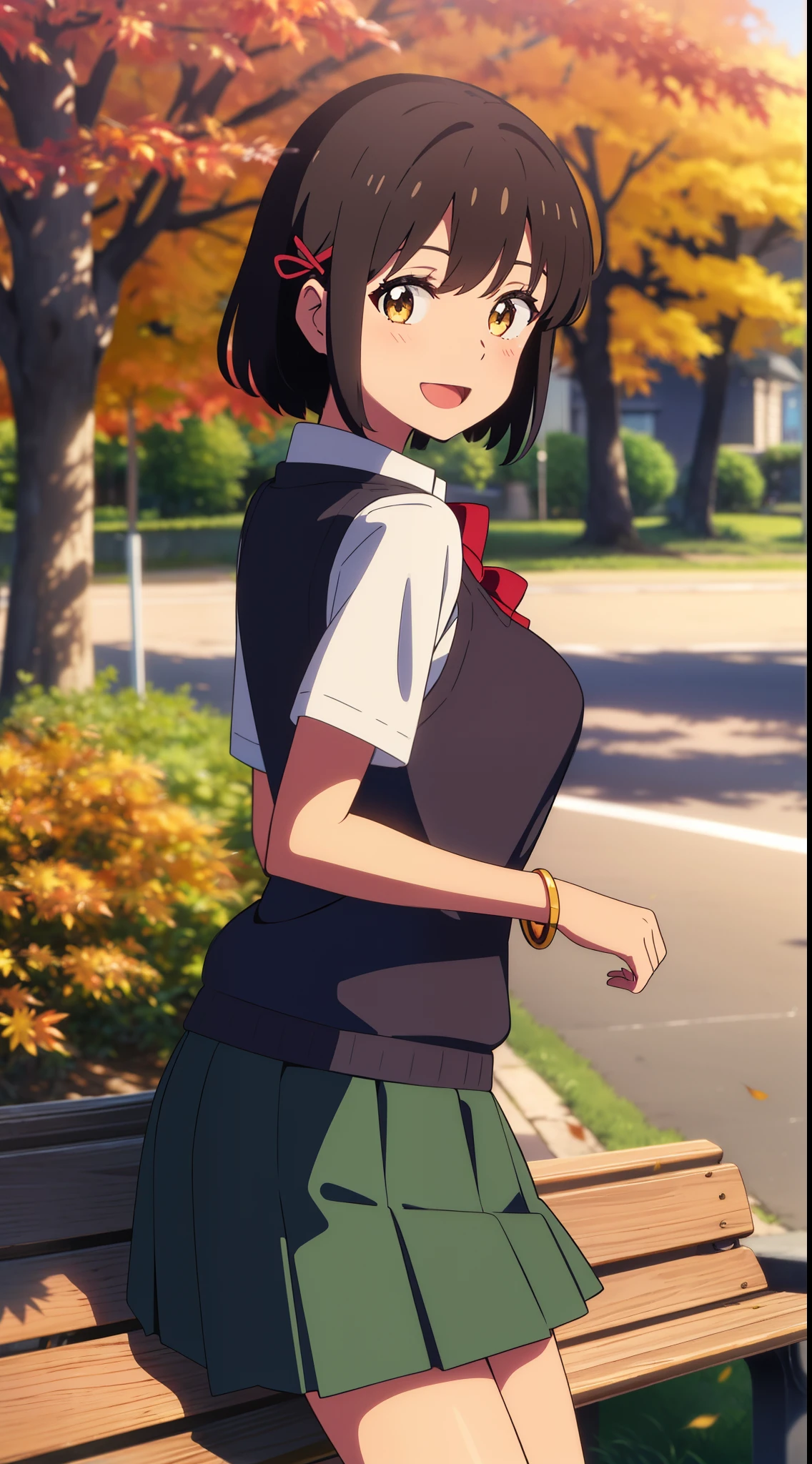 (masterpiece, best quality, high quality, highres, ultra-detailed), shinkai makoto, kimi no na wa., 1girl, bangs, black hair, blush, bright eyes, brown eyes, headband, looking at the viewer, red bow, red headband, red ribbon, school uniform, shirt, sweater vest, vest, white shirt, yellow sweater vest, yellow vest, skirt, blue skirt, short sleeves, short hair, medium breasts, solo, day, Outdoors, shiny skin, standing, shadow, smile, happy, :D, bracelet, upper-body, {{{{{{in autumn}}}}}}, maple tree, falling leaves, autumn scenery, warm color., beautiful, pretty, sitting, bench, {{{{fluttering leaves}}}}