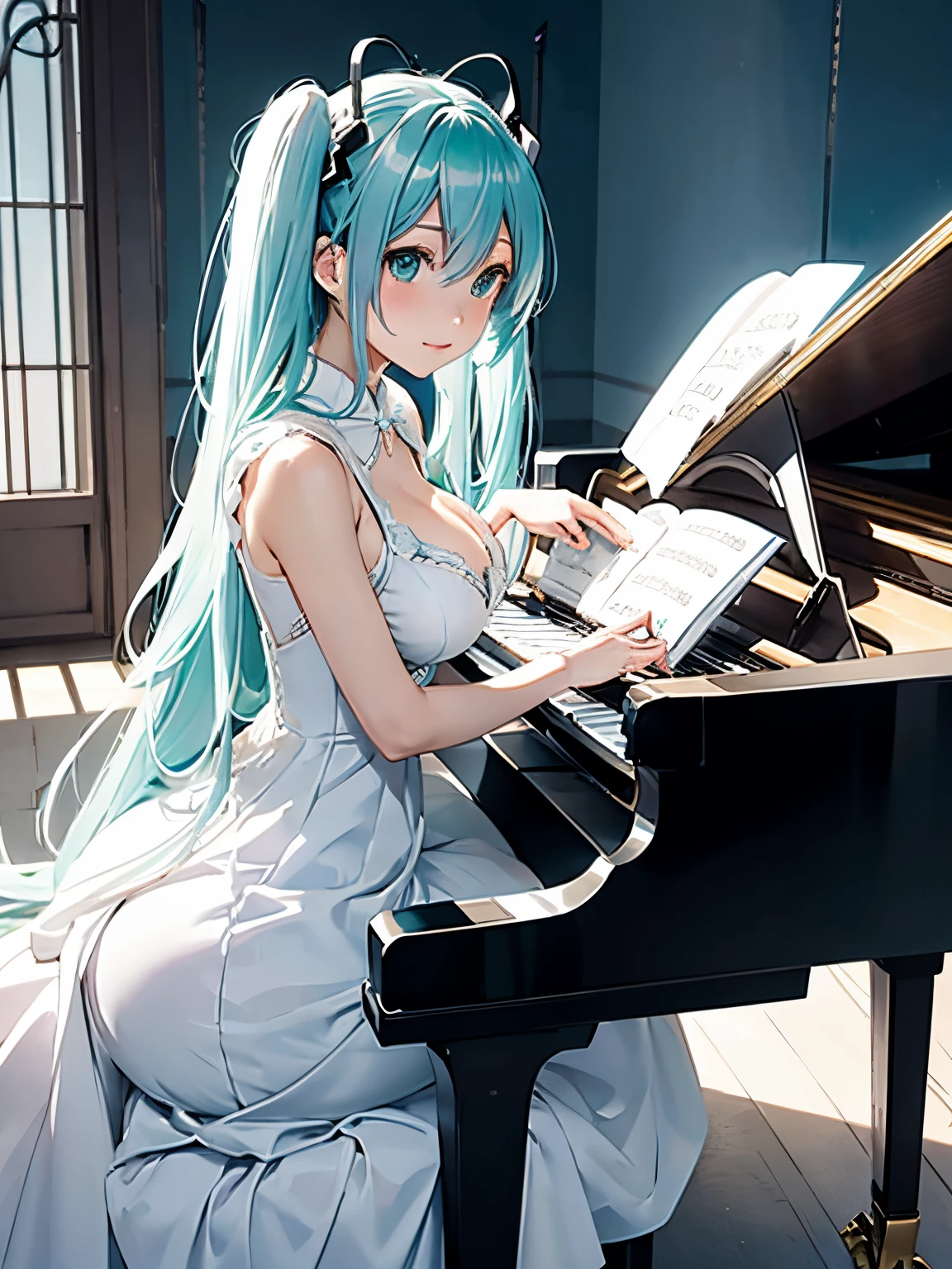miku hatsune,neat pure white dress(long skirt),playing piano,Beautiful breasts,sit a chair