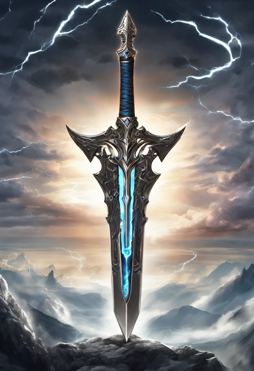(Masterpiece, High Quality, HD, Detail: 1.3)A divine sword was inserted in the stone, engraved with ancient runes, emitting light and lightning, and the sword was wrapped around the dragon's body, with the shadow of a dragon. It was surrounded by mountains, thunder and lightning, black clouds, and a ray of light.