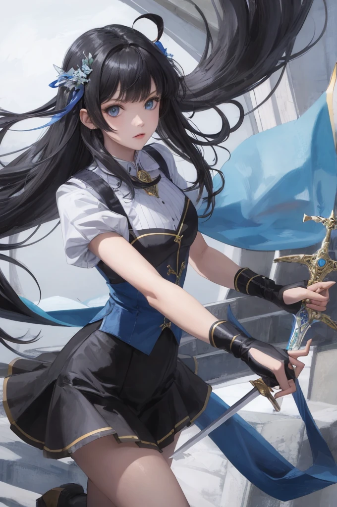 Anime girl with silky black hair blue eyes and bangs with blue cat and blue sword with jewel in the center in of sword