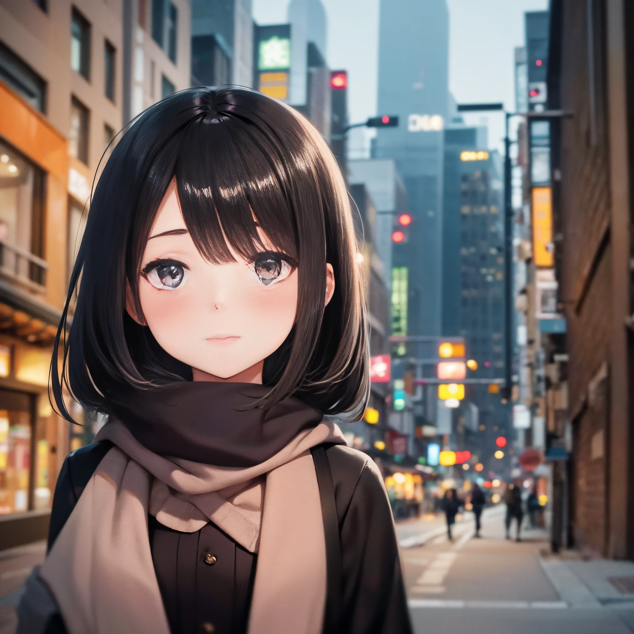 Solo girl,black hair, Facial expression looking into the distance, whole body angle,winter casual fashion, blush, winter city background, real, portrait,standing sideways