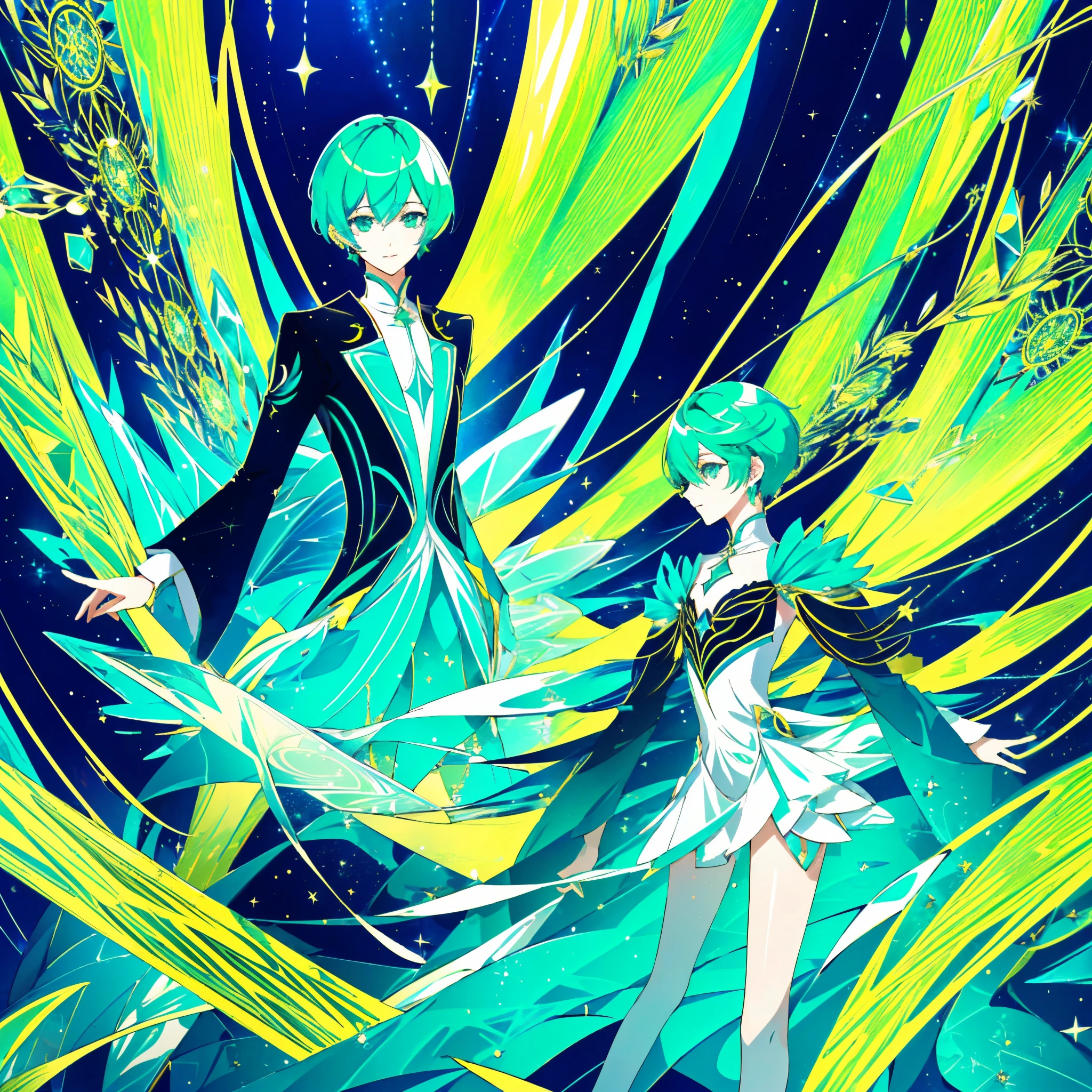 phosphophyllite, phos, short_hair, green_hair, shiny_hair, portrait, regal, robe, intricated, detailed,  cyberpunk,  splash screen, swirling background