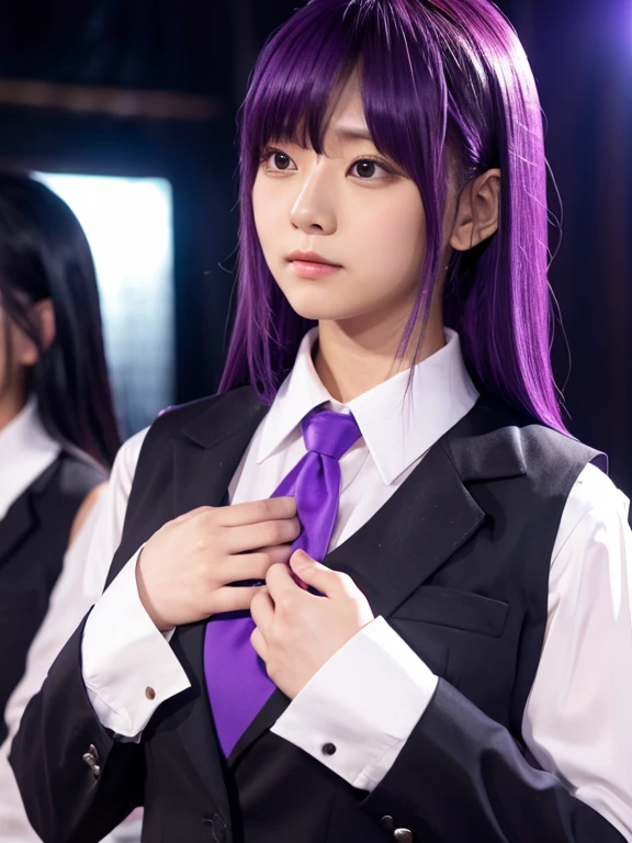1girls, bara, bangs, Blush, Hands on their own chest., Jill Stingray, long sleeve, looking at the audience, purple hair, mediuml breasts, necktie, shirt, bara, Upper body, vest, barman, vest, White shirt,
