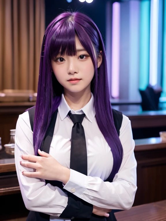 1girls, bara, bangs, Blush, Hands on their own chest., Jill Stingray, long sleeve, looking at the audience, purple hair, mediuml breasts, necktie, shirt, bara, Upper body, vest, barman, vest, White shirt,