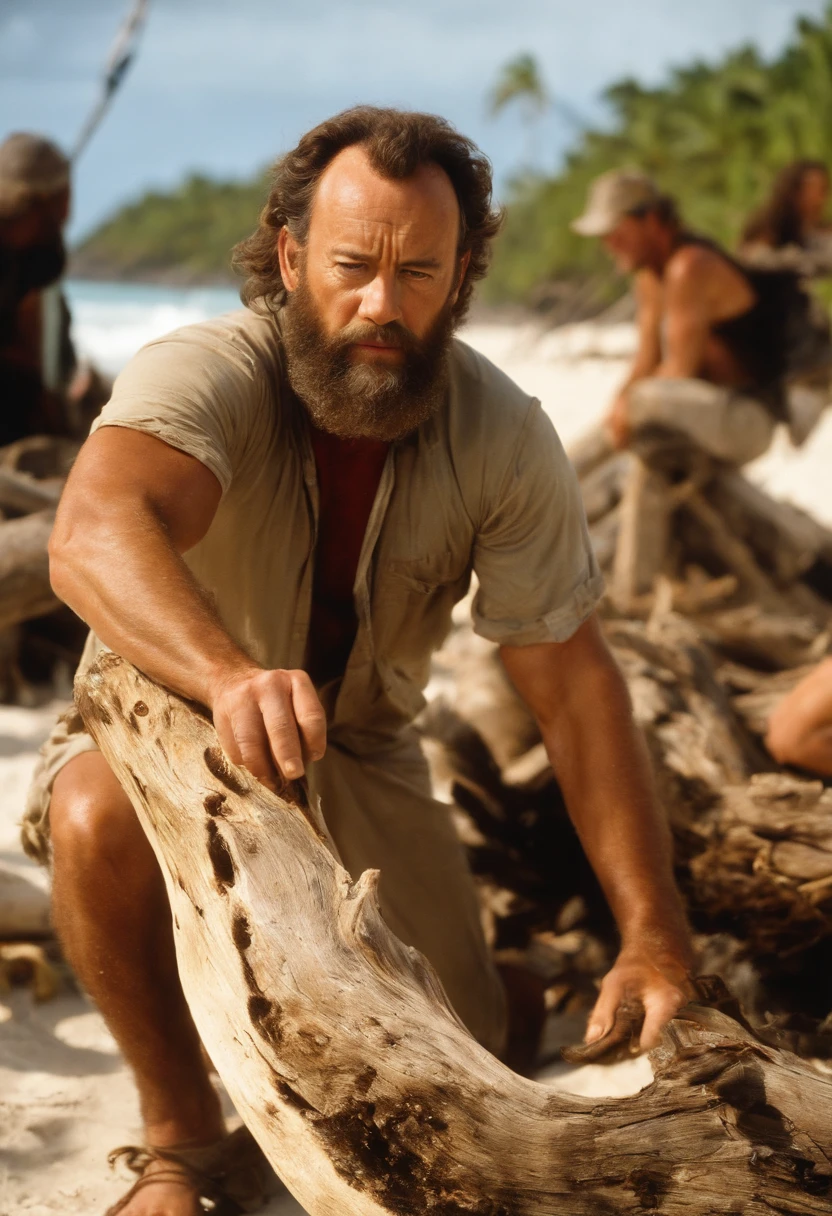 A photo of Chuck carving a message onto a large piece of driftwood on the beach,Cast Away (film),Chuck Noland, portrayed by Tom Hanks in the film “Cast Away,” is currently stranded on a deserted island in the Pacific Ocean. Sunburnt and bearded, with long, unkempt hair, his physical condition reflects the harsh realities of island survival. , male