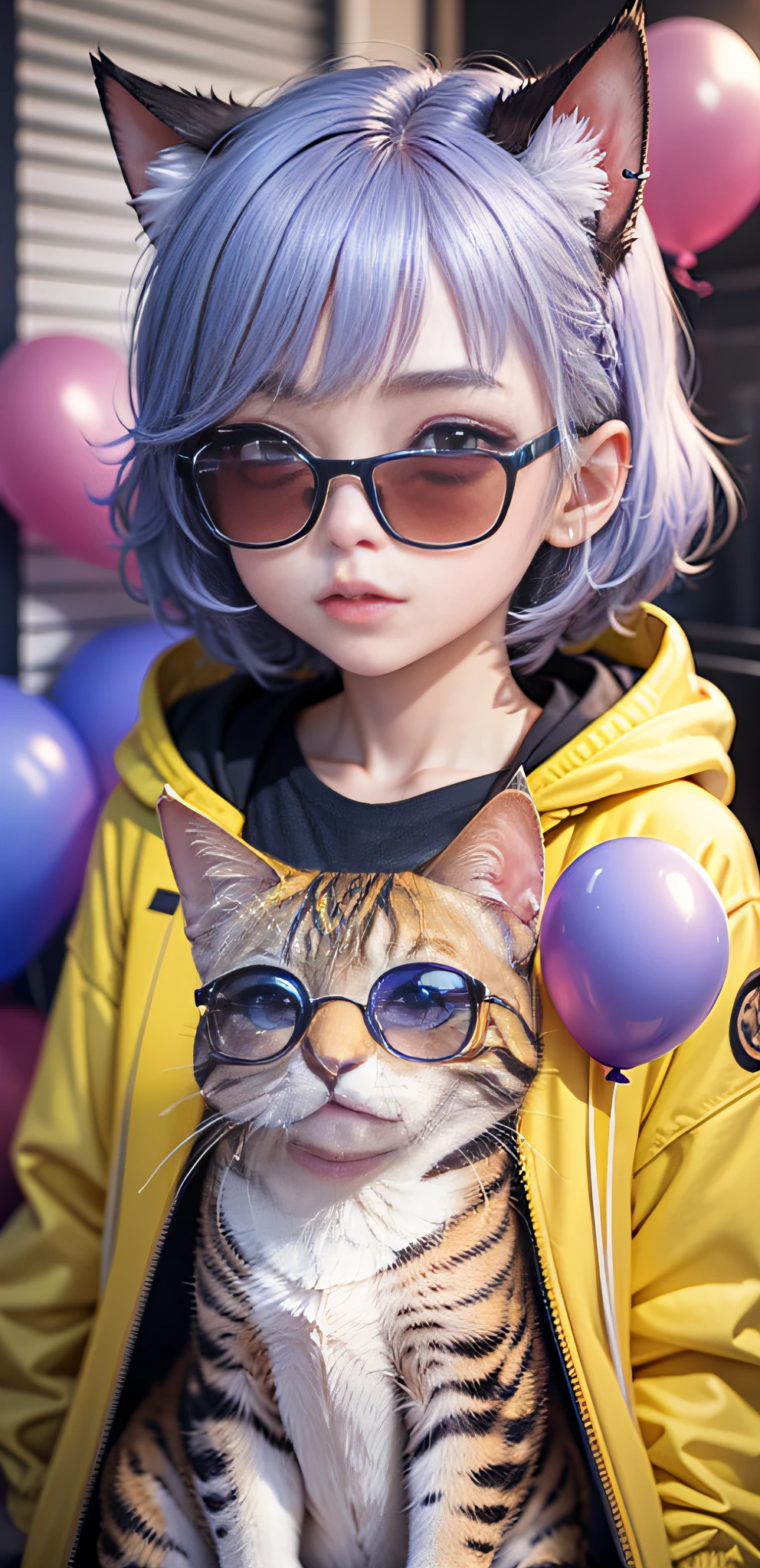 girl, Beautiful and cute, wearing blue sunglasses, Yellow jacket, white sweatshirt, Lots of colorful balloons, Baby face, estilo chibi, Blue-purple hair, perfect detail eyes, Delicate face, Perfect CG, HD picture quality, A cat is cuddling 1.9