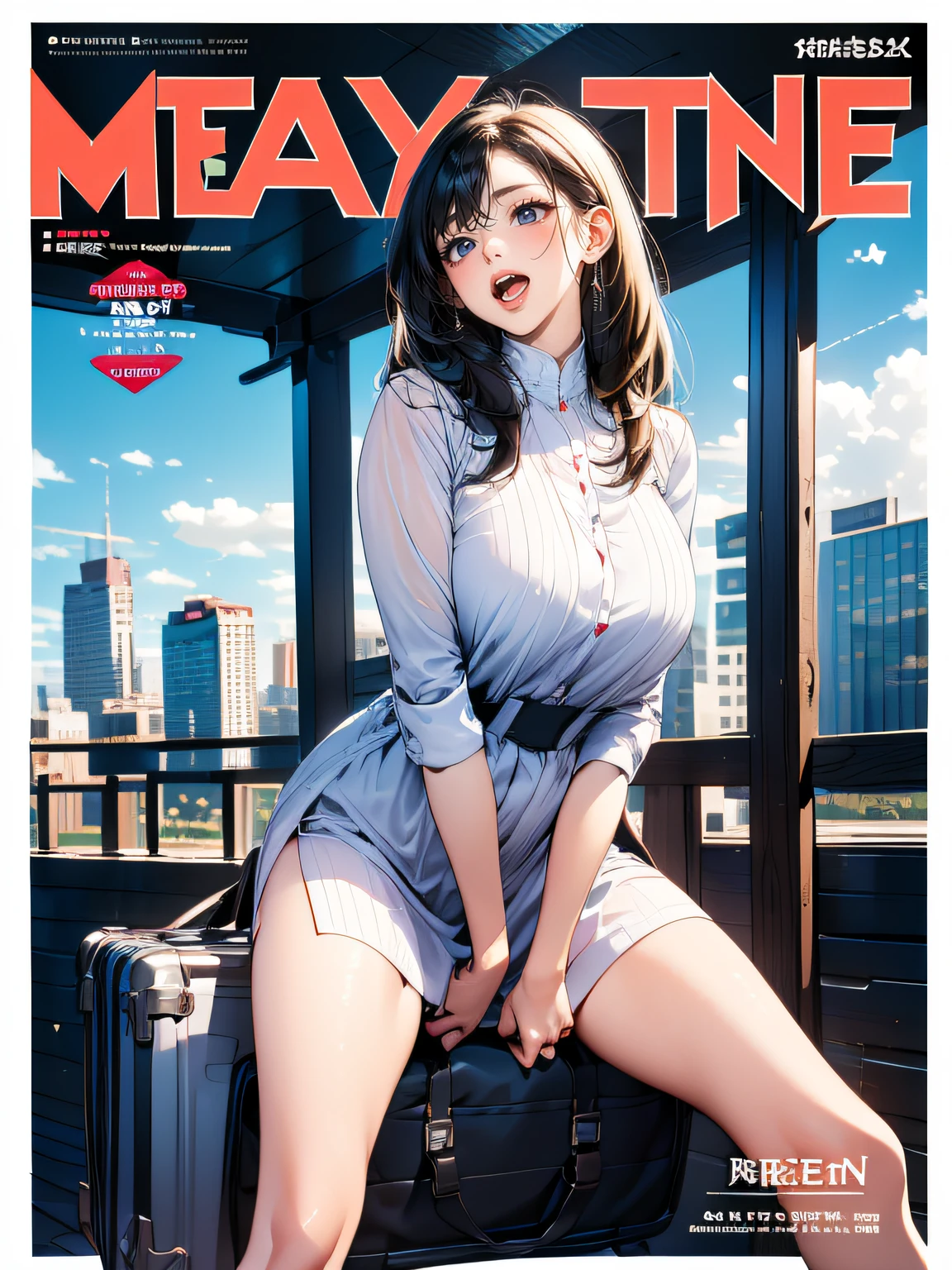 top-quality photo, ((round face)), film skin, (correct limbs), a women, (((comic magazine's cover, large title, many heading, pleated skirt, ribbon, white shirt, uniform, raise hips, eccentric pose, glasses, braid))), in the heavy rain, heavily wet clothes, panties, touching crotch with hand, dropping eyes, sleepy, blush, ecstasy face, spread legs, raise leg, open mouth, masturbation, downtown, sidewalk, sky, angle from below, 