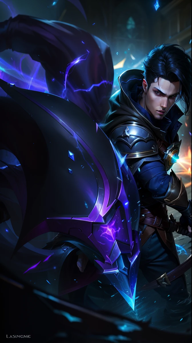 a close up of a person holding a sword in a dark room, sylas, arcane jayce, league of legends character, league of legends character art, leblanc, iconic character splash art, from league of legends, splash art, wild rift, official splash art, league of legends splash art, range murata and artgerm, heise jinyao