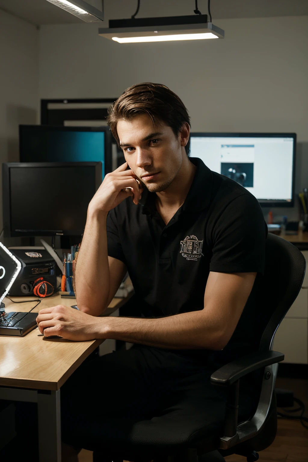 a high resolution RAW of a man gamer graphic designer in an office with lights