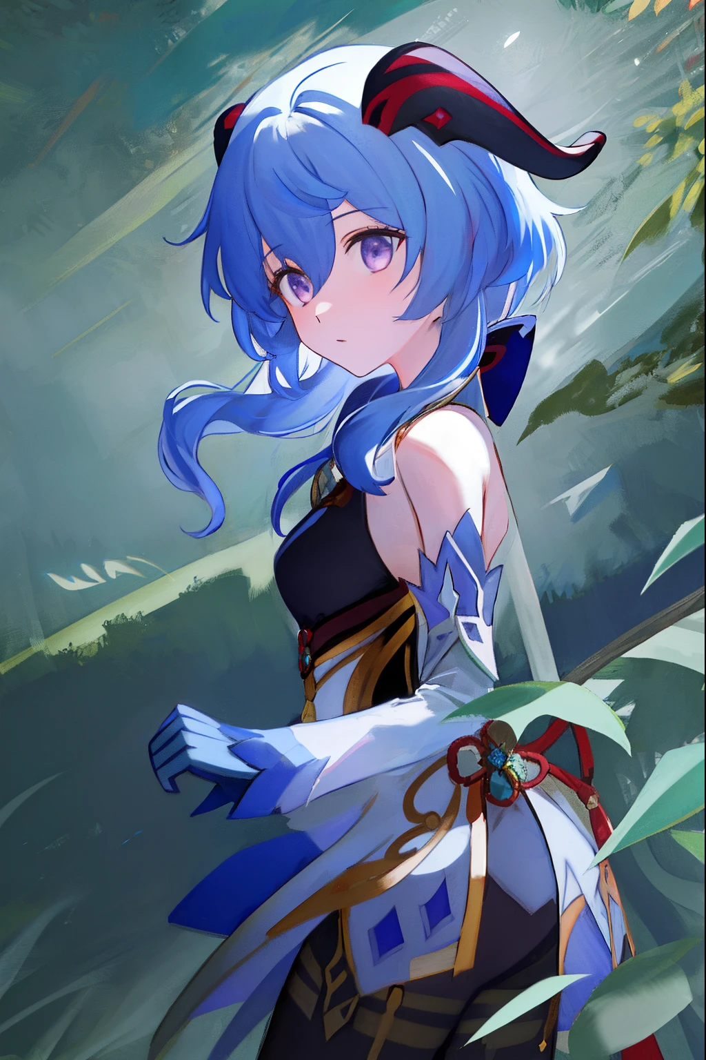 ((1girl, solo)), masterpiece, superlative, portrait, hyperdetail, illustration, close-up, gorgeous background, straight shot, blue hair, purple eyes, (focus on face), looking into the distance, forest, sun, wind, butterfly, studio lighting, horizontal axis, tree, lake, standing, ganyu \(genshin impact), double horn, bare shoulders, tights