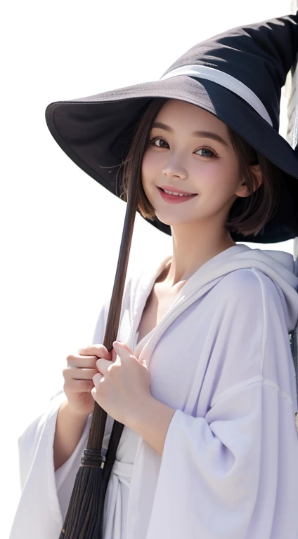 masterpiece, best quality,1girl, lavender and white color, single, witch hat,Smooth material, broom, chibi, fool body, smile, short hair, witch, white background, hood down, robe, simple background, holding, bow, hood, pure oval eyes