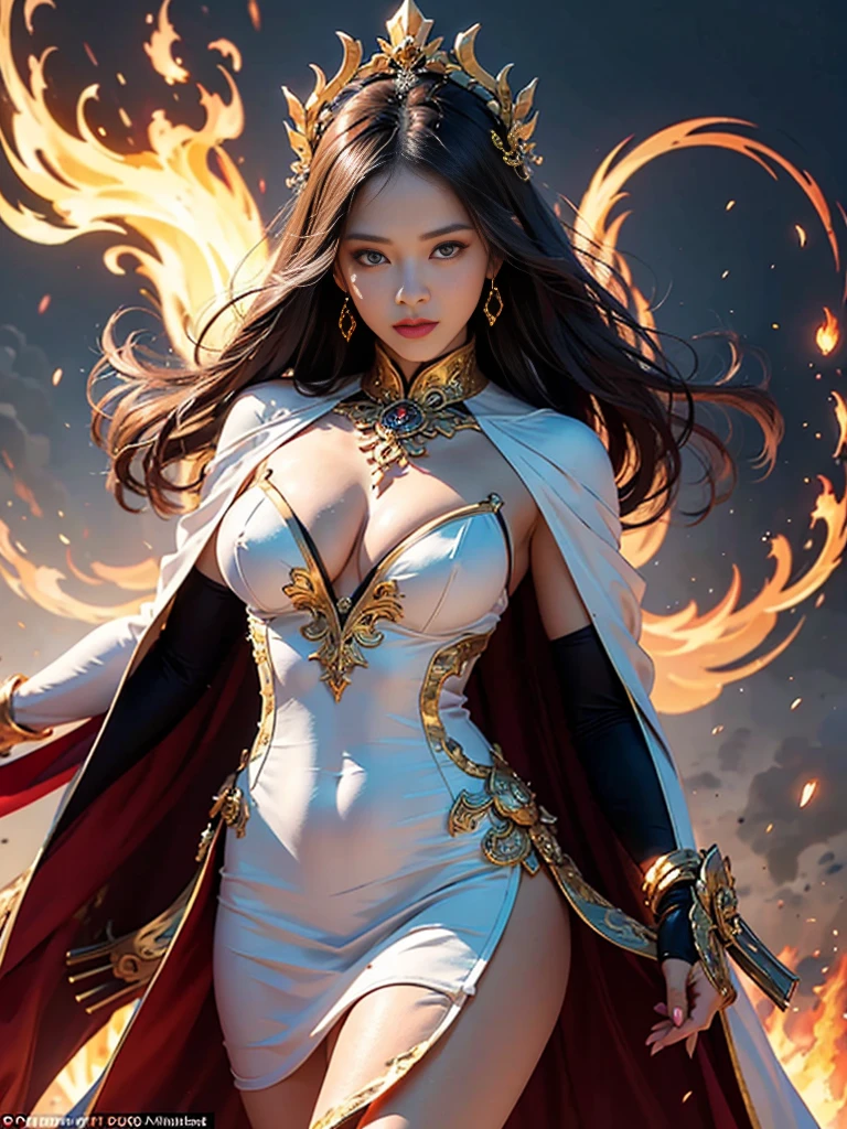 Unbeatable masterpiece, Ultra photo realism, Perfect artwork, Intricate details, Best quality, Strong warm light, 1girll , long flowing hair, medium breast, very sexy, deep cleavage, beautiful face, high detailed face, beautiful eyes, fierce look, Become a Chinese phoenix , Metamorphosis , The moment of transformation towards perfection ,White dress, Emeralds and gold , black cape, Super detail , Bokeh photography , (soft focus):1.2 , Out-of-focus highlights ,Fantastical Atmosphere , (swirling fire magic in background)