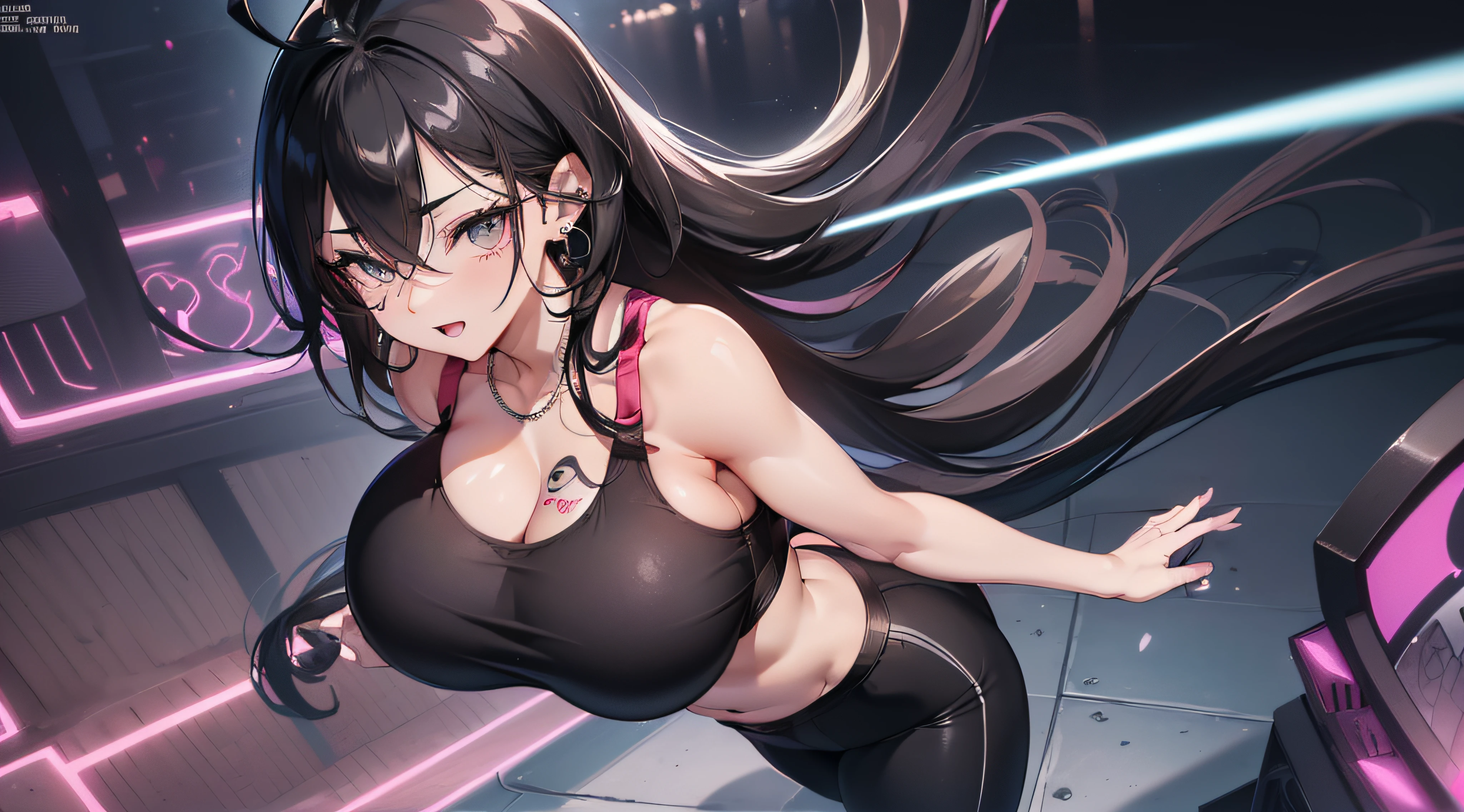 ((Ultra-detailed)), (top-quality),((masutepiece)), ((Super exciting)), ((8K)), ((2160p)), ((extremely clear)), ((Very sophisticated)), ((Anime Graphics)) ((Anime quality)), ((Anime Illustration)), ((Perfect Lighting)), ((Glowing skin)), ((。.3D),((Upper body)), ((Perfect Anatomy)),((Solo)), ((lady)), ((Black hair)), ((Long hair:1.5)), ((french braids:0.8)), (Large Hair Ribbon), ((Ahoge)), ((drooping eyes)), ((Brown eyes)), ((anime quality eyes)), ((long eyelashes)), ((Thin eyebrows)), ((Big breasts:1.7)), ((big butts:1.5)), ((Detailed face description)), ((Detailed wearing instructions)), ((Realistic skin texture)), ((depth of fields)), ((Attractive makeup)), ((blush)), ((Sports Bra:1.5)), ((Sports Panties:1.5)), ((earrings)), ((black diamond necklace)), ((Playground background)), (Smiling), (Open mouth), (Pink lips), (Standing), (Look at viewers), (High angle), perspiring, Shining sweat, Double eyelids, face tattoo, dolphin tattoo, Plump, look from above,