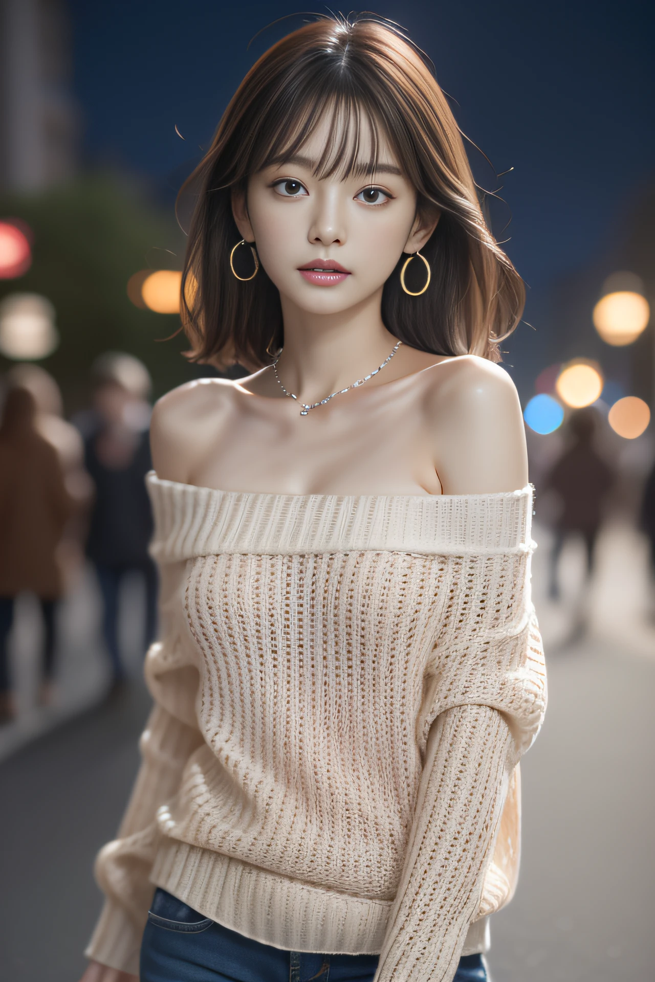 High resolution, Raw photo, Photorealistic, Extremely delicate and beautiful, Extremely detailed, finely detail, Highly detailed CG Unity 8k wallpaper, Ultra-detailed, (Best Quality, 8K, 32K, masutepiece, nffsw:1.2), Photo of a cute Japanese model walking in a downtown area at night, beautiful and detailed face, Beautiful and clear eyes, Delicate figure, Medium Hair, Slender body, off-the-shoulder sweater, earrings, Silver necklace,