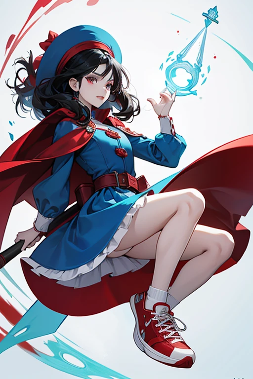 Cherissa has pale skin, flat oval-shaped eyes with blue eyeliner, and wears a red oval-shaped hat over her long, swept black hair. She wears a red cape with white stitches over a light blue long-sleeved dress with a white swirl motif. She wears a pair of red and white sneakers with green laces and blac