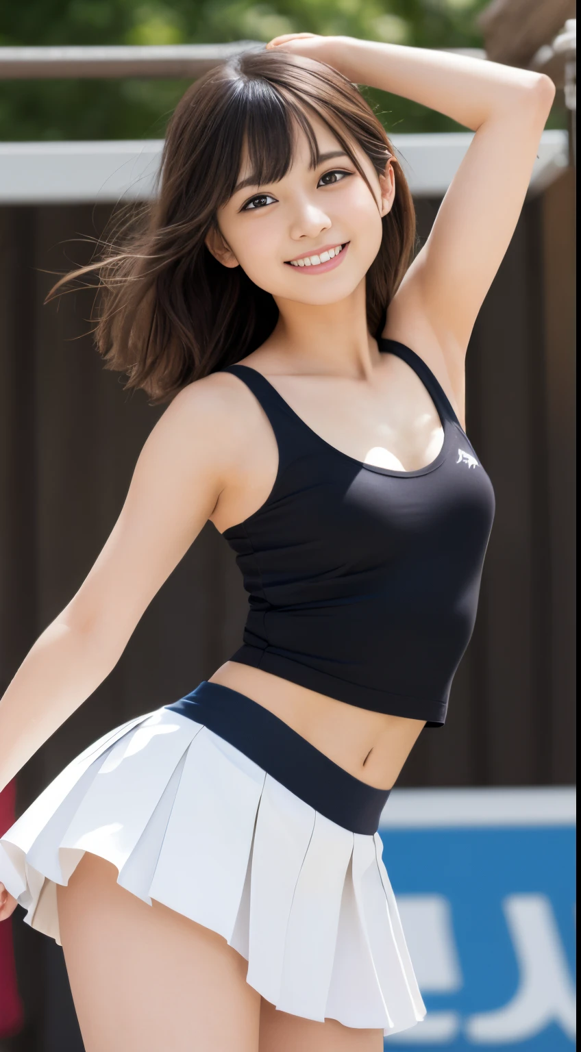 masutepiece, Best Quality, 1girl in, (a beauty girl:1.2), (17 age:1.2), Very fine eye definition, (Symmetrical eyes:1.3)、beutiful breast、Smaller chest、Brown eyes, Parted bangs, Brown hair, smil、No makeup、cheerleaders:1.4、Colorful cheering costumes、Navel is visible、Short Skirt Lift、Big pompons、Raise one leg high to cheer、(((Highkick:1.3)))、Low angle full shot、From below、1 Japan Girl、Put your hands behind your head to show your armpits、(8K、top-quality、​masterpiece:1.3)、Golden Ratio Face、Best smile looking at the camera、(layers-Cut、tits out:1.2)、Brown Medium Bob Curl Hair、school ground