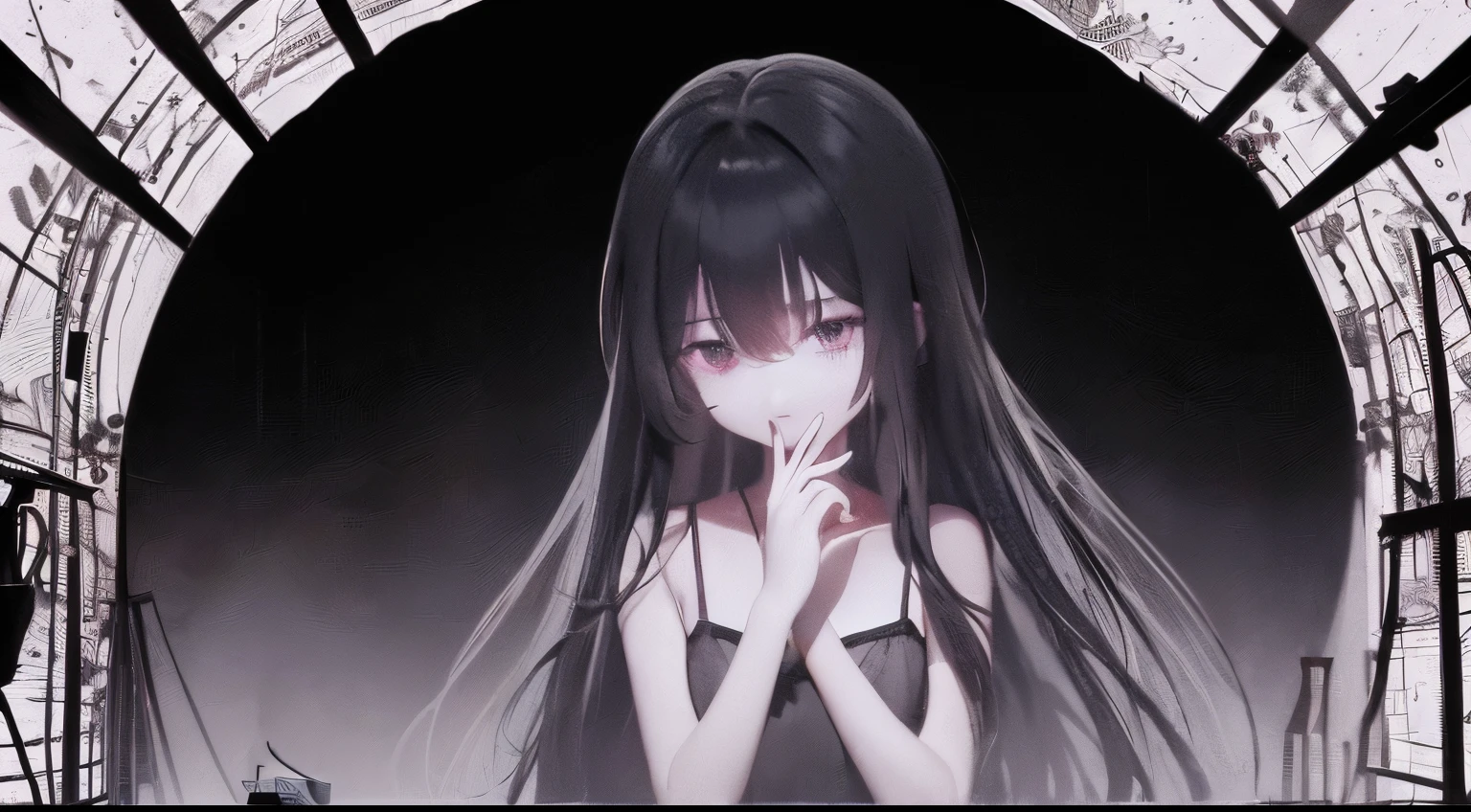 (a very delicate and beautiful)、(cage mate)、Bloody、monotone、girl with、(Maniacal)、The human、camisole、warn、terrifying、Disgusting、canny、terrifying、独奏、(silhuette)、(、dark backgrounds、Black figure、(silhuette)、skinny body、The long-haired、Swirl background、Bloody、I can'I can't see your face in the shadows、silhuette、