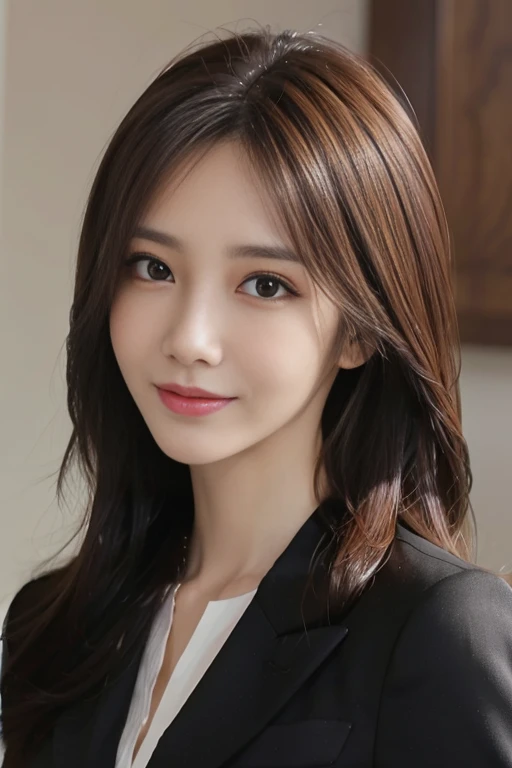 masutepiece, Best Quality, Photorealistic, Ultra-detailed, finely detail, High resolution, 8K Wallpaper, 1 beautiful woman,, light brown messy hair, in a business suit, foco nítido, Perfect dynamic composition, Beautiful detailed eyes, detailed hairs, Detailed realistic skin texture, Smiling, Close-up portrait, Model body type