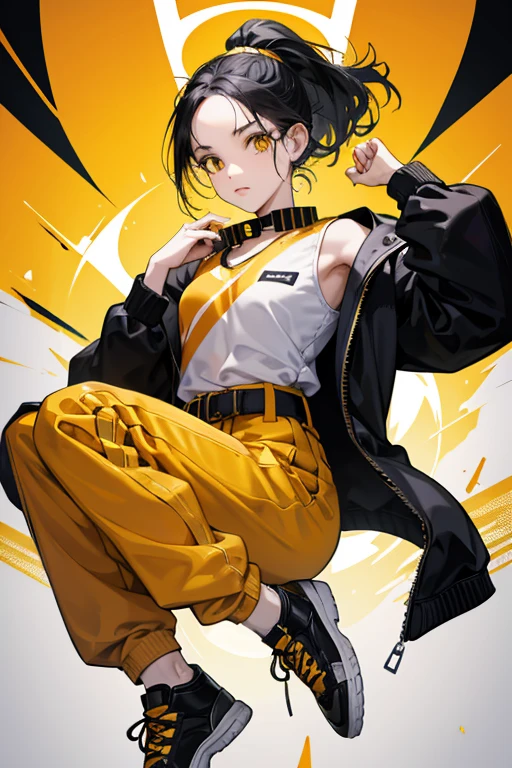 Akari has pale skin and black hair worn in a ponytail held by a yellow hairband. She wears an orange shirt under a black jacket with silver zippers and yellow stripes on the sleeves, orange and yellow-striped pants, a belt with a gray buckle, and black shoes with yellow laces and silver soles. She also sports black-rimmed goggles with orange lenses on her forehead.