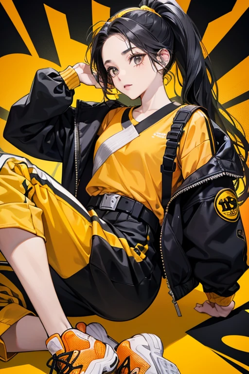 Akari has pale skin and black hair worn in a ponytail held by a yellow hairband. She wears an orange shirt under a black jacket with silver zippers and yellow stripes on the sleeves, orange and yellow-striped pants, a belt with a gray buckle, and black shoes with yellow laces and silver soles. She also sports black-rimmed goggles with orange lenses on her forehead.