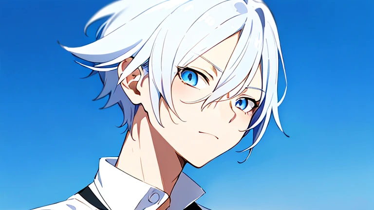 Anime boy with white hair and blue eyes looking sideways, inspired by Goro Fujita、2 d anime style、flat anime style shadow、girl with short white hair、Anime Boy、flat anime style、Anime Painter Studio、Kaoru Nagisa、2D Anime、(2D Illustration)、2D Illustration、2d portrait