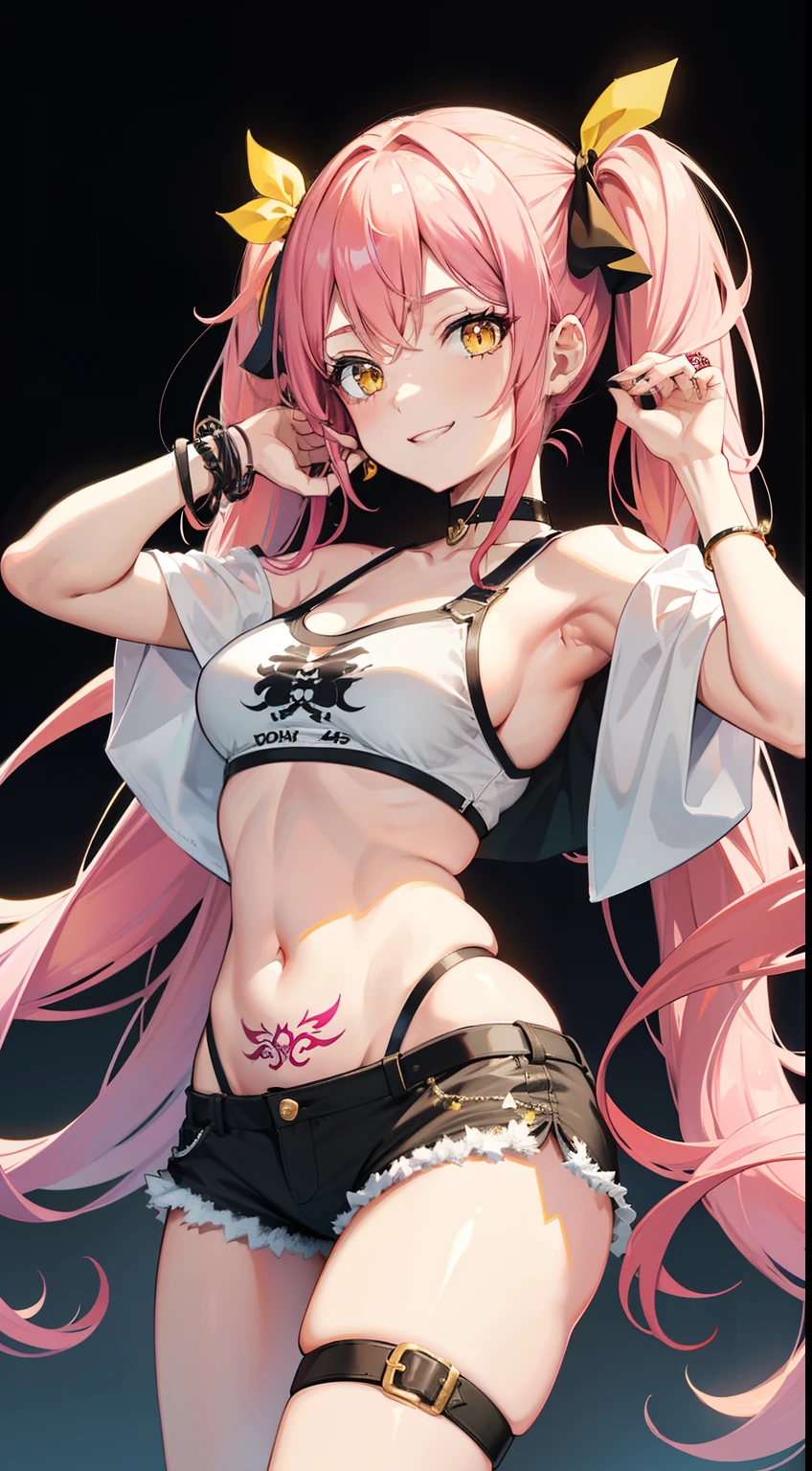 young girl, 1 girl, yellow eyes, twintails hair, long hair, pink hair, medium breasts, medium ass, smile, Happy, Hairpins, Choker, masterpiece , Yellow eyes, black skin, Ebony leather, white tanktop, open belly, Shorts, tattoo, smirk, milkshake, park background, Masterpiece, hiquality, 4k, HD, Good detail