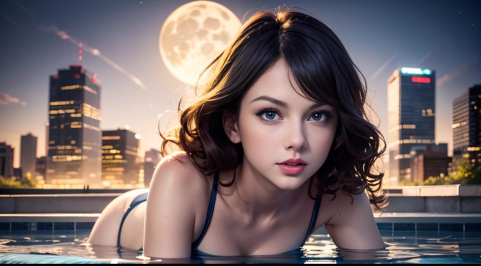 Taylor Swift，8K high-definition，Natural light exposure，Realistic photos，sexy beauty，Delicate facial features，eBlue eyes，Slim build，Bigchest，Red long-haired，curlies，Beautiful posture，clear luminous crystal，Crystal City，crystal roof，crystal swimming pool，Look down on the city，The moonlight is hazy，Taiai 0.5