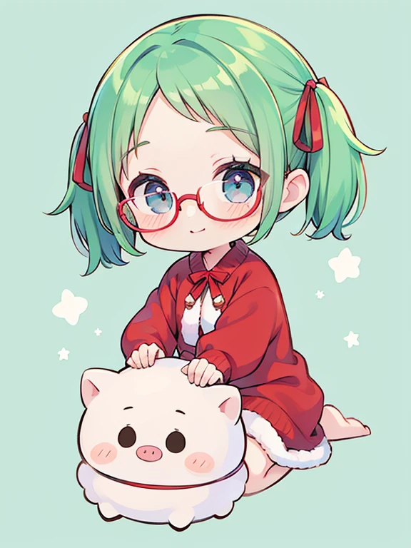 Chibichara little girl, smiles, (Very small breasts), (deep blue eyes), (Pale green hair, Short hair, forehead, Small pigtails), (red-half-rimed glasses),((Chibi Chara)), green and red costume with fluff, Warm, Christmas tree, Ribboned, knit sweater-in-chest open dress, ribbon tie, Chibi Chara, full body Esbian, masterpiece, Ultra Quality。