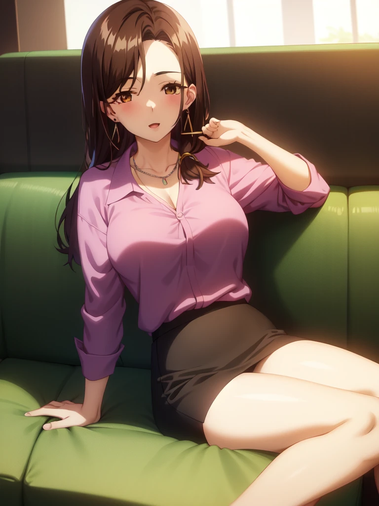 best quality, (masterpiece:1.2), highly detailed, indoors, sitting, on couch,
1girl, solo, gotou airi, one mole under eye,
looking at the viewer, standing, large breasts, slight smile, open mouth, mature female,
brown eyes, brown hair, long hair, necklace, earrings, wet purple shirt, pencil skirt, collarbone, crossed legs