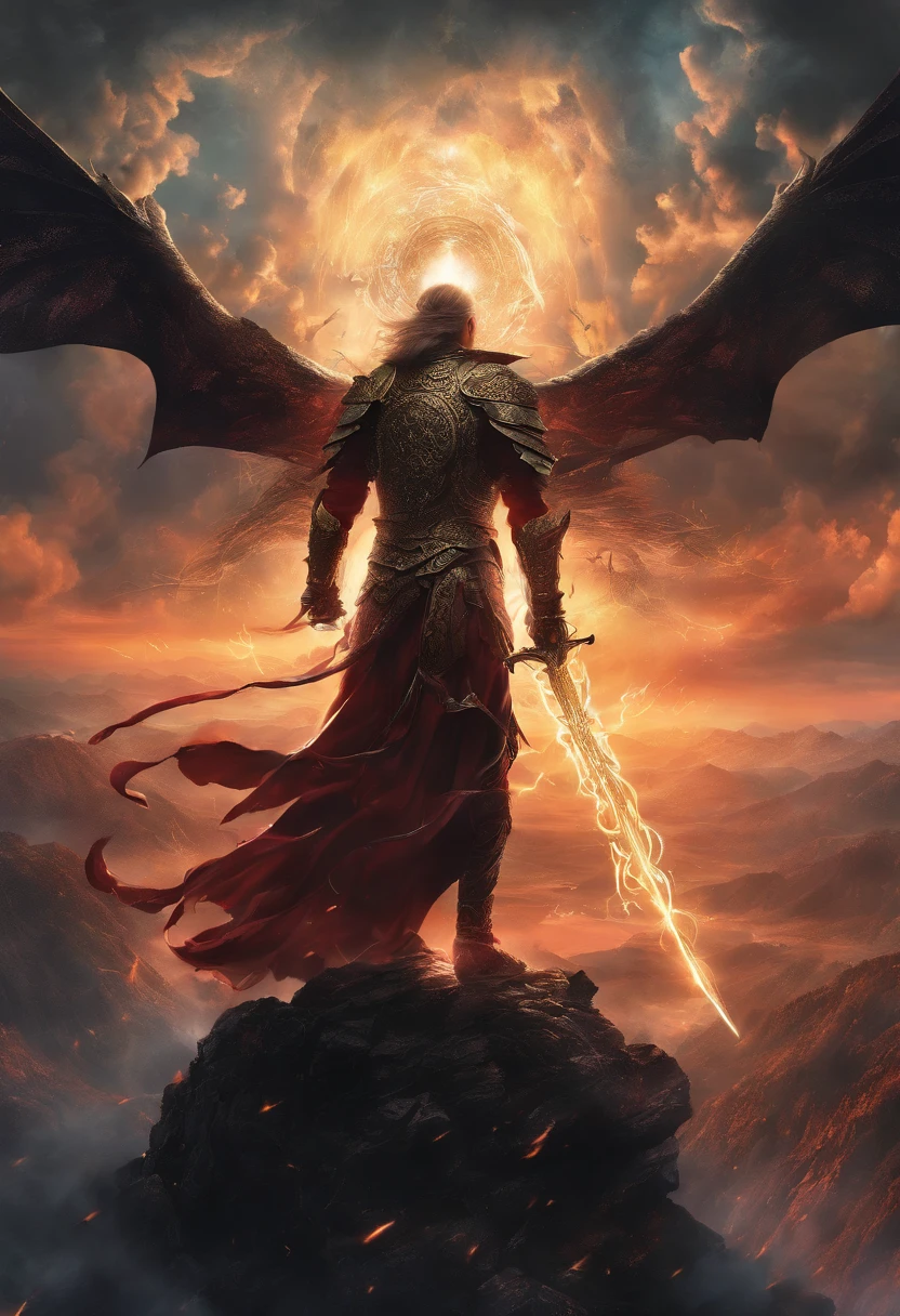 (Masterpiece, High Quality, HD, Detail: 1.3)A scholar, stepping on a divine sword, flies into the sky, surrounded by swords, one person controls ten thousand swords, sword master, ten thousand swords in unison, the great battle of the dragon, lightning, mountain tops, dark clouds, light, darkness.