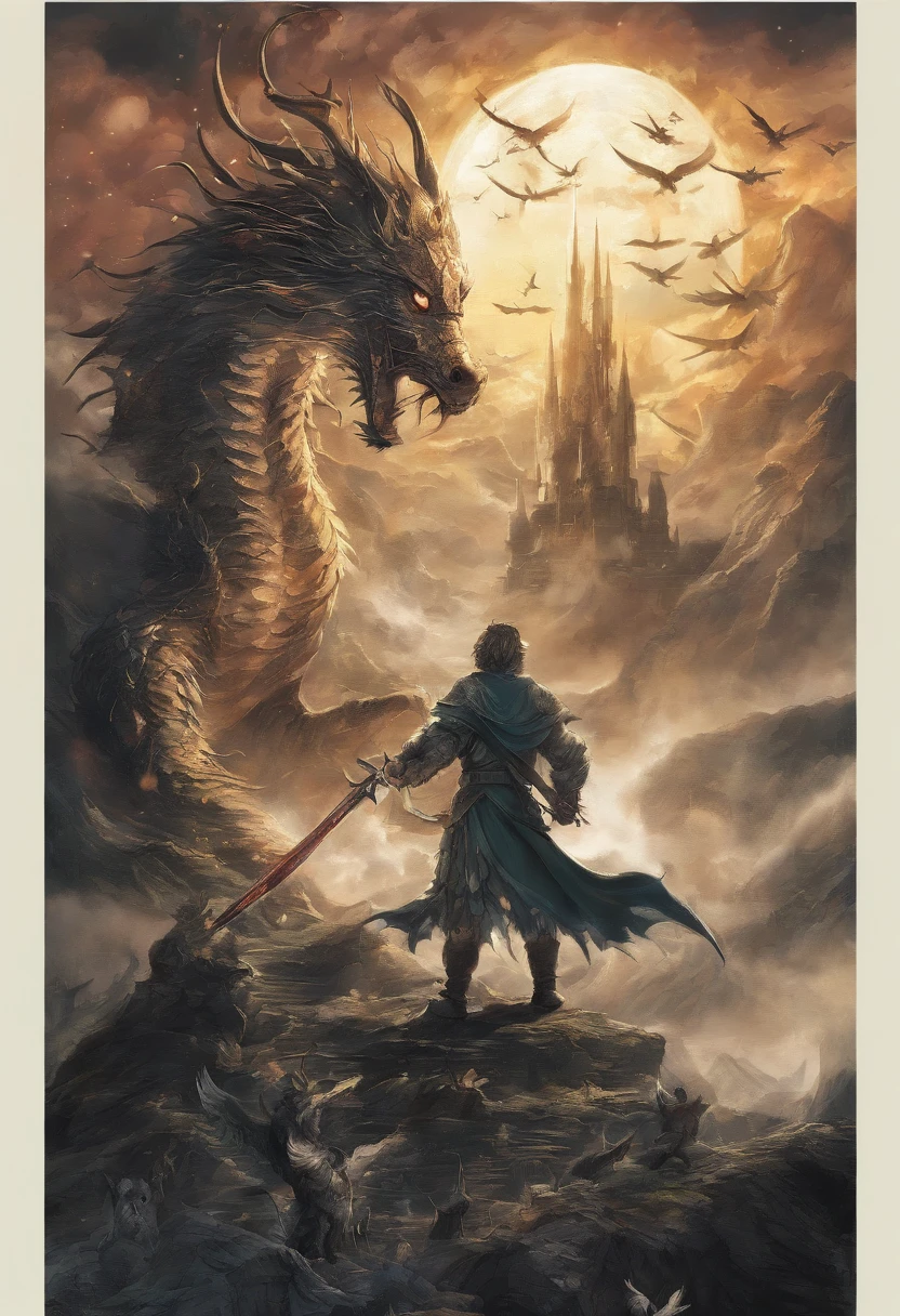 (Masterpiece, High Quality, HD, Detail: 1.3)A scholar, stepping on a divine sword, flies into the sky, surrounded by swords, one person controls ten thousand swords, sword master, ten thousand swords in unison, the great battle of the dragon, lightning, mountain tops, dark clouds, light, darkness.