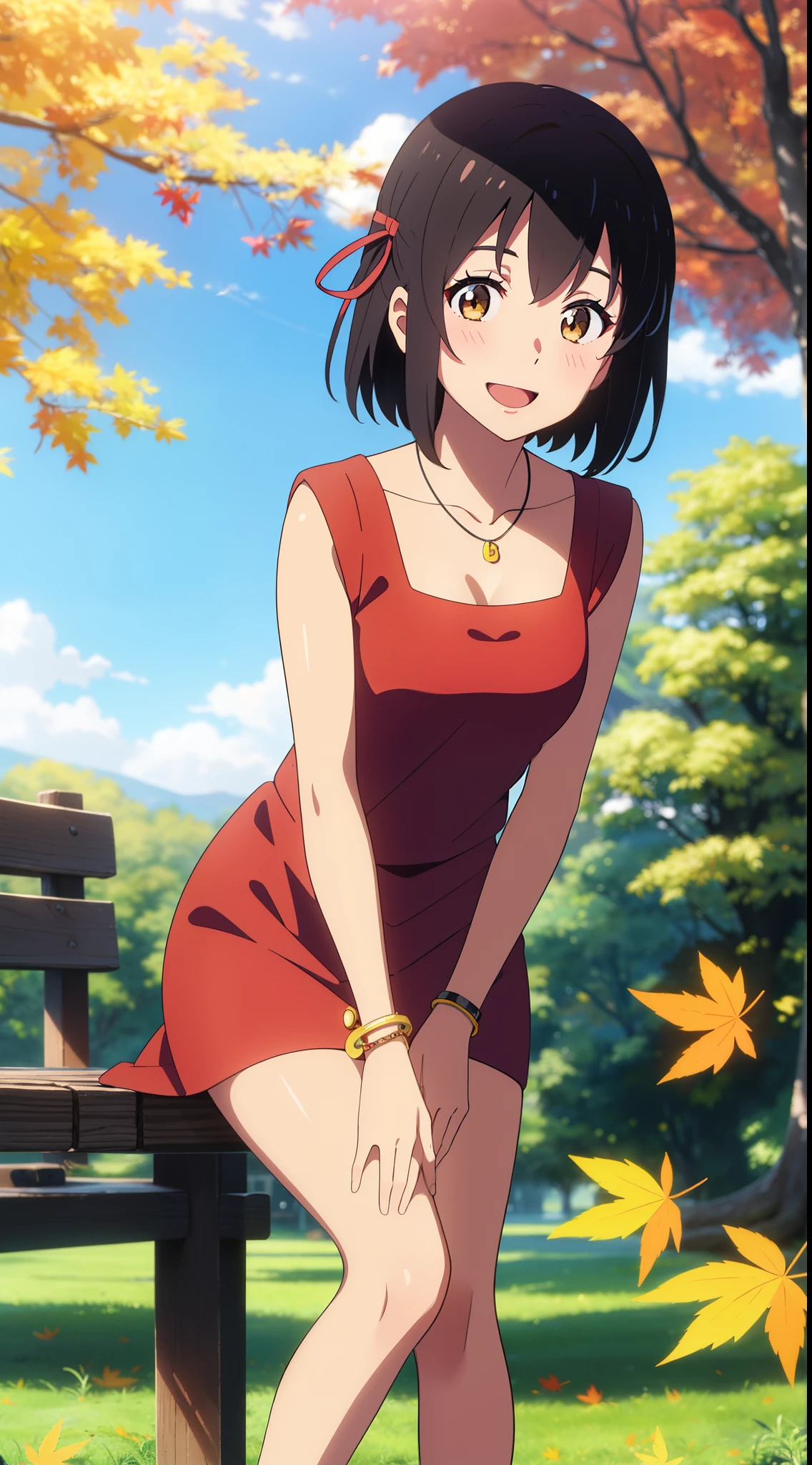 (masterpiece, best quality, high quality, highres, ultra-detailed), shinkai makoto, kimi no na wa., 1girl, bangs, black hair, blush, bright eyes, brown eyes, headband, looking at the viewer, red bow, red headband, red ribbon, dress, yellow dress, short hair, medium breasts, solo, day, Outdoors, shiny skin, standing, shadow, smile, happy, :D, bracelet, necklace, {{{{{{in autumn}}}}}}, maple tree, falling leaves, autumn scenery, warm color., beautiful, pretty, sitting, bench, {{{{fluttering leaves}}}}