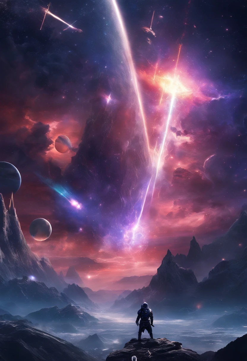 (Masterpiece, High Quality, HD, Detail: 1.3)A scholar, stepping on a divine sword, flies into the sky, surrounded by swords, one person controls ten thousand swords, sword master, ten thousand swords in unison, the great battle of the dragon, lightning, mountain tops, dark clouds, light, darkness.