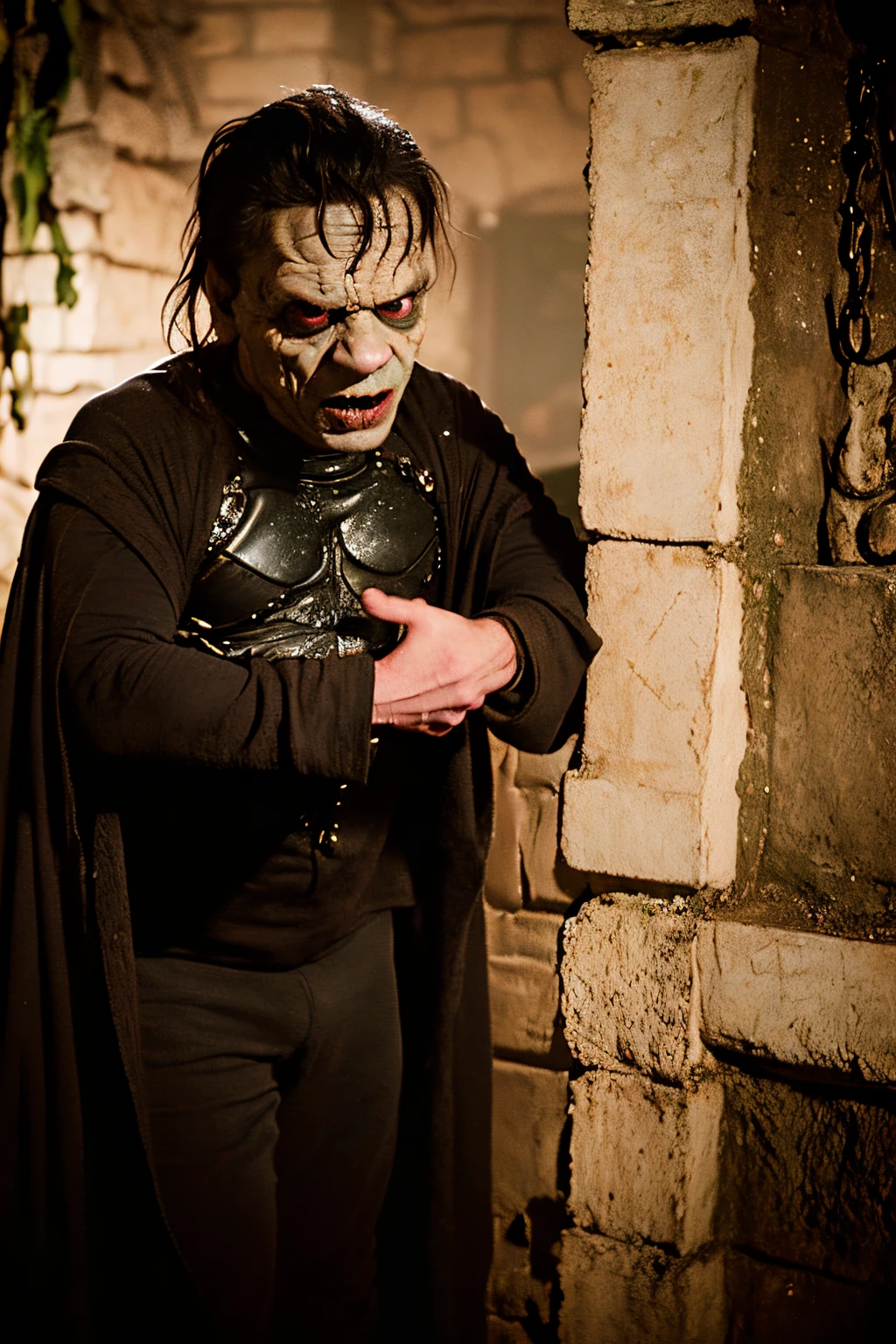 Homem sinistro vestido de Frankenstein, 80's horror film, octan render, fantasia sombria, filme de Guilhermo Del Toro e Tim Burton