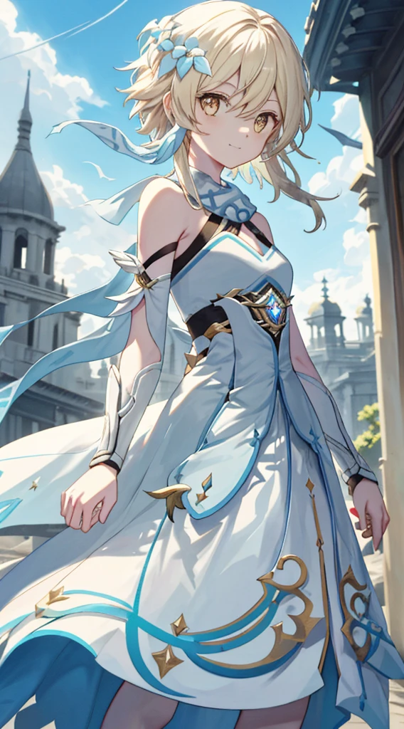 luminedef， The upper part of the body， ssmile， Be red in the face， exteriors， daysies， simple backgound， blue-sky， short detailed hair， Skysky， temple， looking at viewert， stairways， mont， moody light，Genre painting