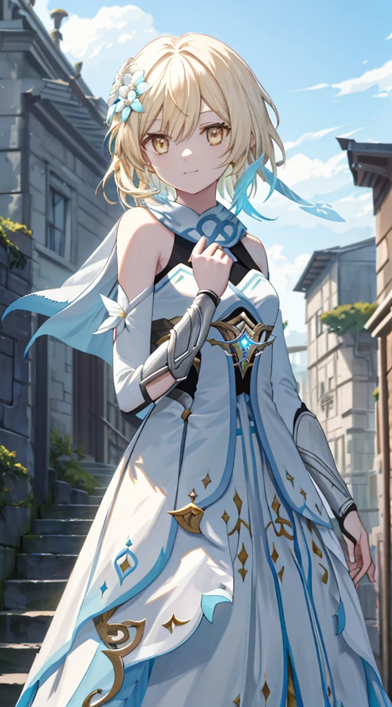 luminedef, The upper part of the body, ssmile, Be red in the face, exteriors, daysies, simple backgound, blue-sky, short detailed hair, Skysky, temple, looking at viewert, stairways, mont, moody light,Genre painting