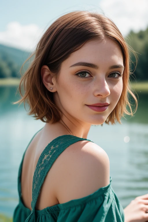 A beautiful 30 year old woman, (Brie Larson:Florence Pugh:0.5), 1girl, close-up, high detail face, head and neck jewelry, ((short hair)), naked, stately manor home background, green eyes, orange hair, shy smile, freckles, redhead, beautiful girl, large breasts, detailed, 8k, HDR, shallow depth of field, wide light, high contrast, backlight, light flares, chromatic aberration, sharp focus, RAW color photo, looking at the camera, various poses, nice summer dress, by the lake