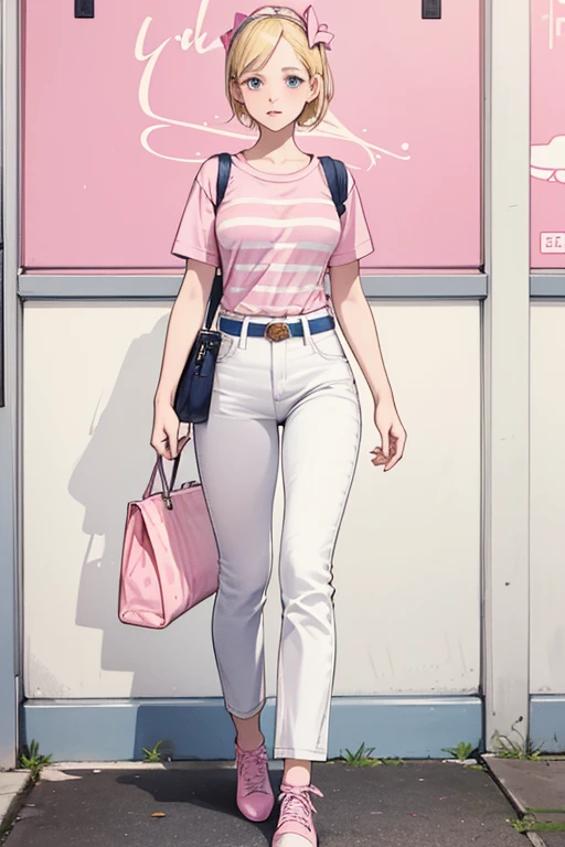 Prudence has short, blonde hair adorned by her pale pink bow. She wears a pink t-shirt with slightly darker pink stripes and white trim, blue jeans held by a white buckled belt, and white shoes with pink laces and black soles. She carries a navy blue-strapped yellow bag that holds her pet dog