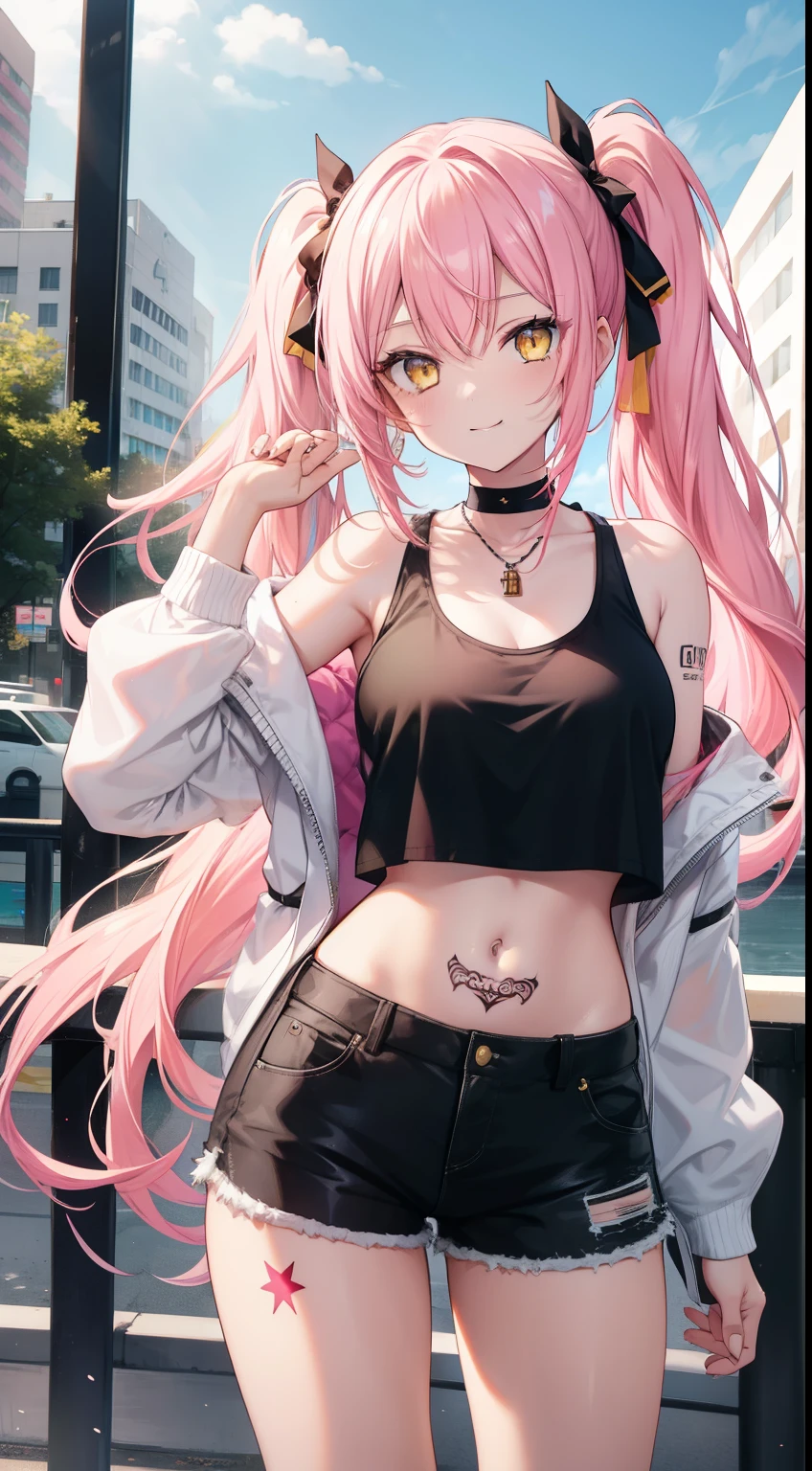 young girl, 1 girl, yellow eyes, twintails hair, long hair, pink hair, medium breasts, medium ass, smile, Happy, Hairpins, Choker, masterpiece , Yellow eyes, black skin, Ebony leather, white tanktop, open belly, Shorts, tattoo, smirk, milkshake, park background, Masterpiece, hiquality, 4k, HD, Good detail