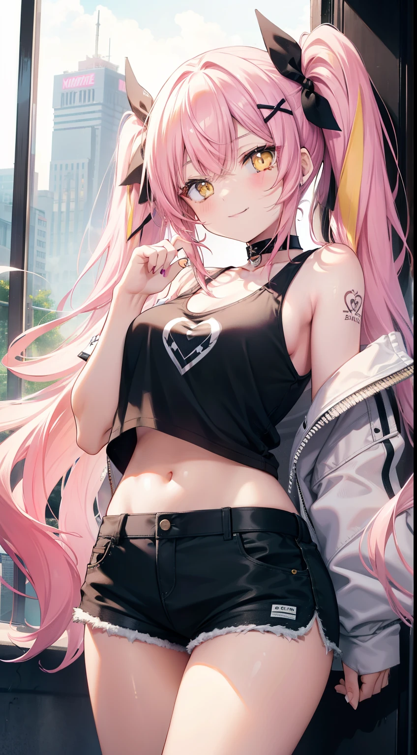 young girl, 1 girl, yellow eyes, twintails hair, long hair, pink hair, medium breasts, medium ass, smile, Happy, Hairpins, Choker, masterpiece , Yellow eyes, black skin, Ebony leather, white tanktop, open belly, Shorts, tattoo, smirk, milkshake, park background, Masterpiece, hiquality, 4k, HD, Good detail